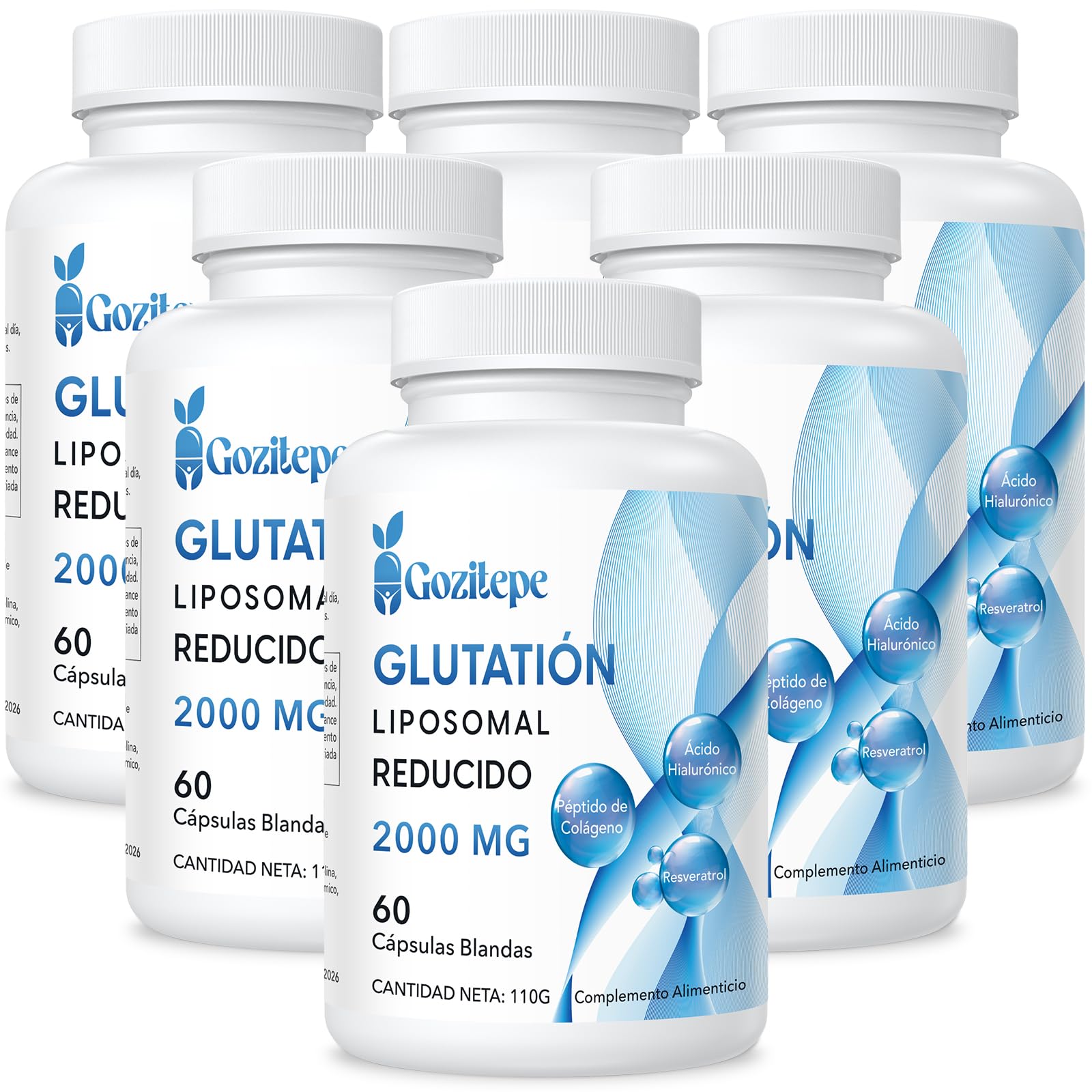 Liposomal Glutatione Ridotto 2000 mg per Porzione | Integratore di Glutatione con Acido Ialuronico + Peptidi di Collagene + Resveratrolo (60 Unità (Confezione da 6))