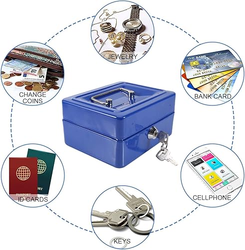 Miniatura 3 de Pequeña caja de metal para efectivo, mini caja de bloqueo de dinero, portátil, organizador de cambio, asa de bloqueo, bandeja extraíble,