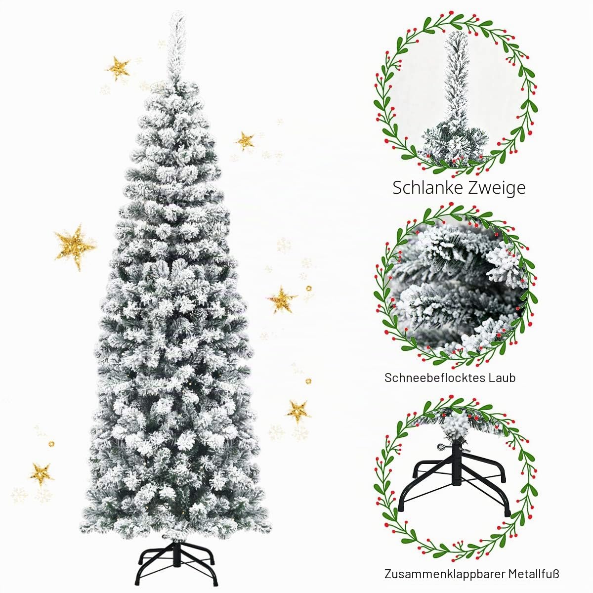 GIANTEX Weihnachtsbaum mit Schnee, Tannenbaum Künstlich 180 cm, Bleistift Weihnachtsbaum schmal, Christbaum Künstlich wie Echt, Christmas Tree, Klappsystem, Kunstbaum Dekobaum Weihnachten PVC Nadeln