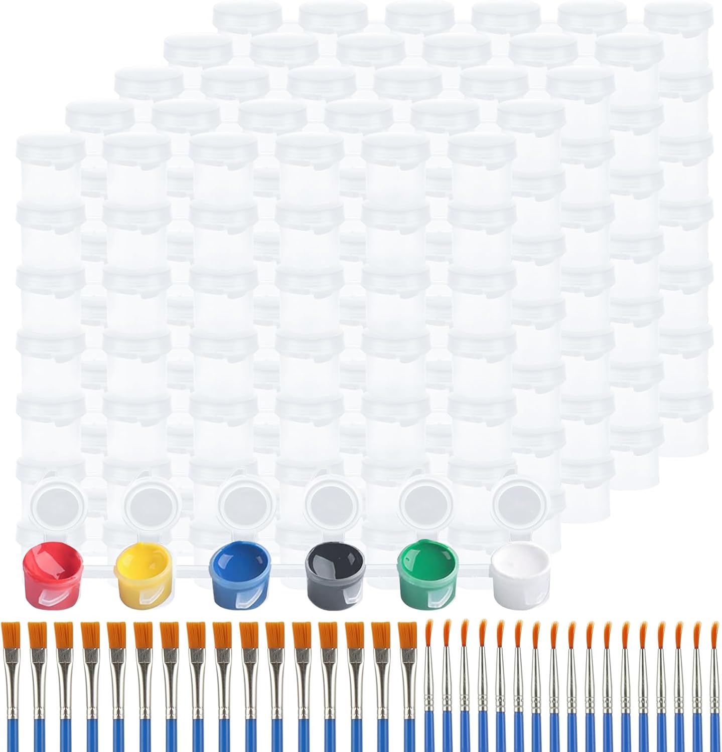 50 Strips 300 Pots Empty Paint Strips with Brushes 5 Ml Paint Pots with Lids Plastic Paint Containers with Lids 5ml Clear Paint Container Strips with 100 PCS Paint Brushes for Arts, Crafts