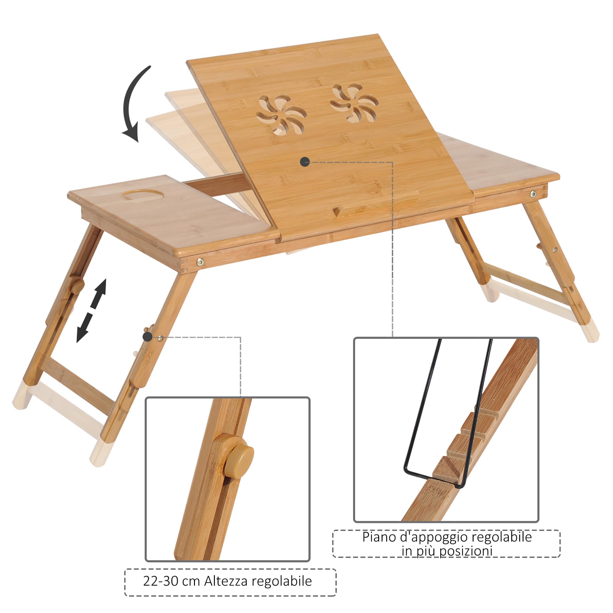 HOMCOM Tavolino da Colazione a Letto, Tavolino da Letto per PC Pieghevole, Supporto per PC da Camera, Regolabile, Inclinabile, Cassetto, Gambe Pieghevoli, 72x35x22-30, Colore Legno