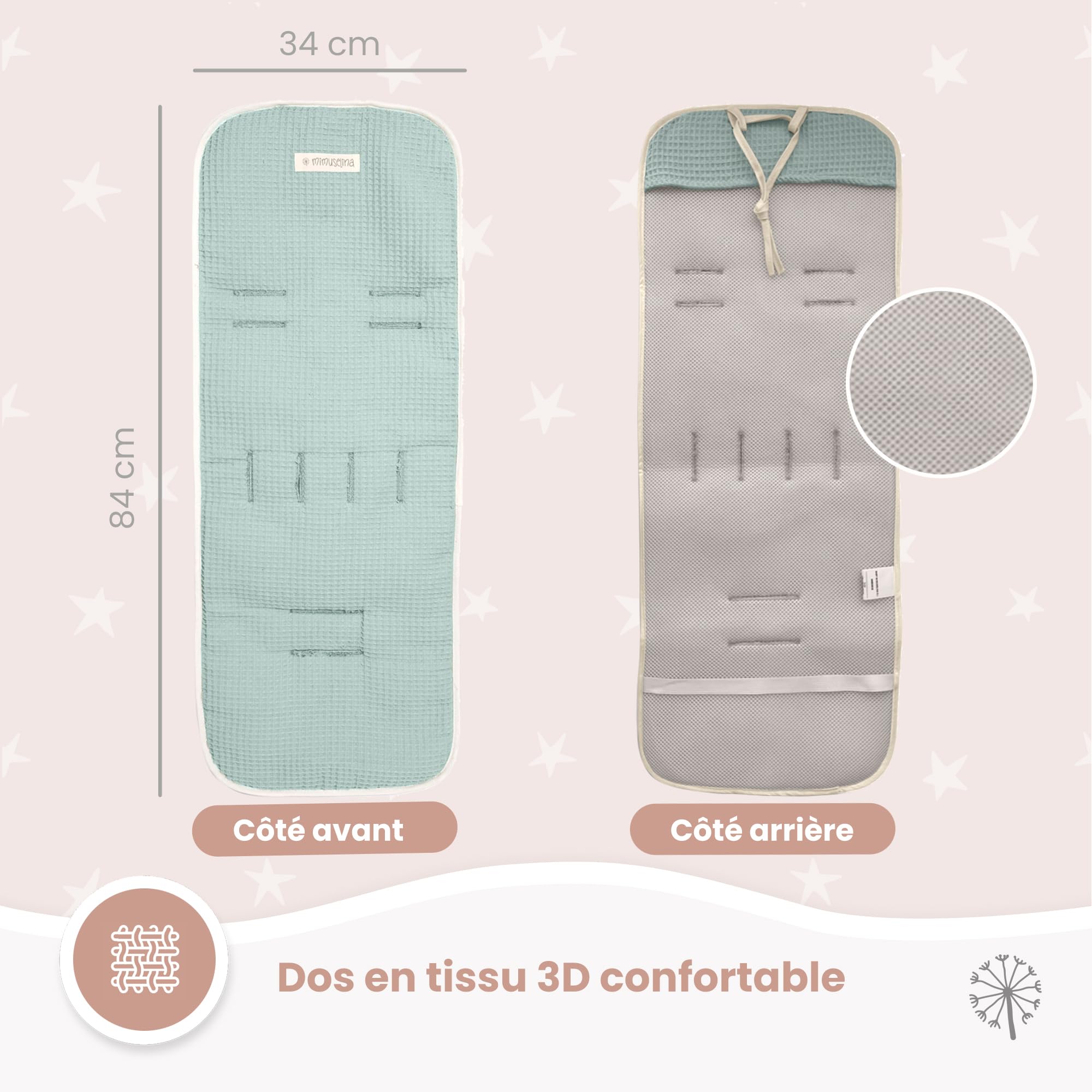 MIMUSELINA Matelas Poussette Bébé 100% Coton OEKO-TEX | Housse de Siège Bébé Été et Hiver 34 × 84 cm | Coussin de Poussette Universel Respirant et Lavable | Fait au Portugal