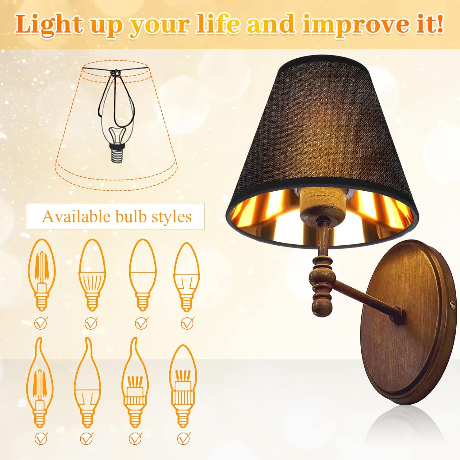 Macarrie 10 Pack Small Lamp Shade Barrel Fabric Lampshade Cover Clip on Table Floor Lamp Wall 3" x 6" x 5" Rustic Beige Linen Eyes Protected Appearance(Black and Gold)