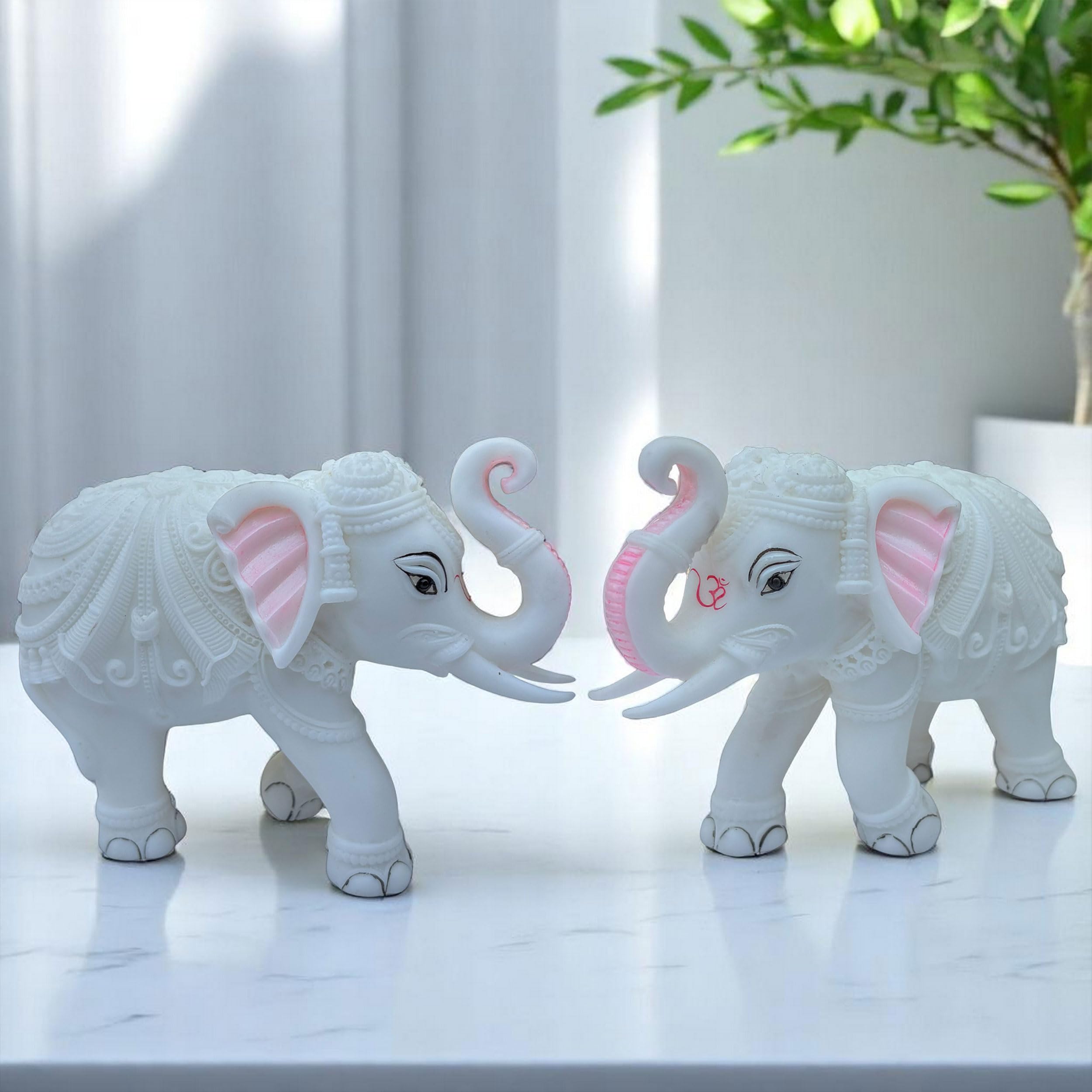 KRAFTSKALA White Marble Elephant Statue Pair (2x3 Inches), Trunk Up Decorative Elephant Figurine for Home Entrance, Living Room & Office, Vastu Feng Shui Diwali, Prosperity Gift