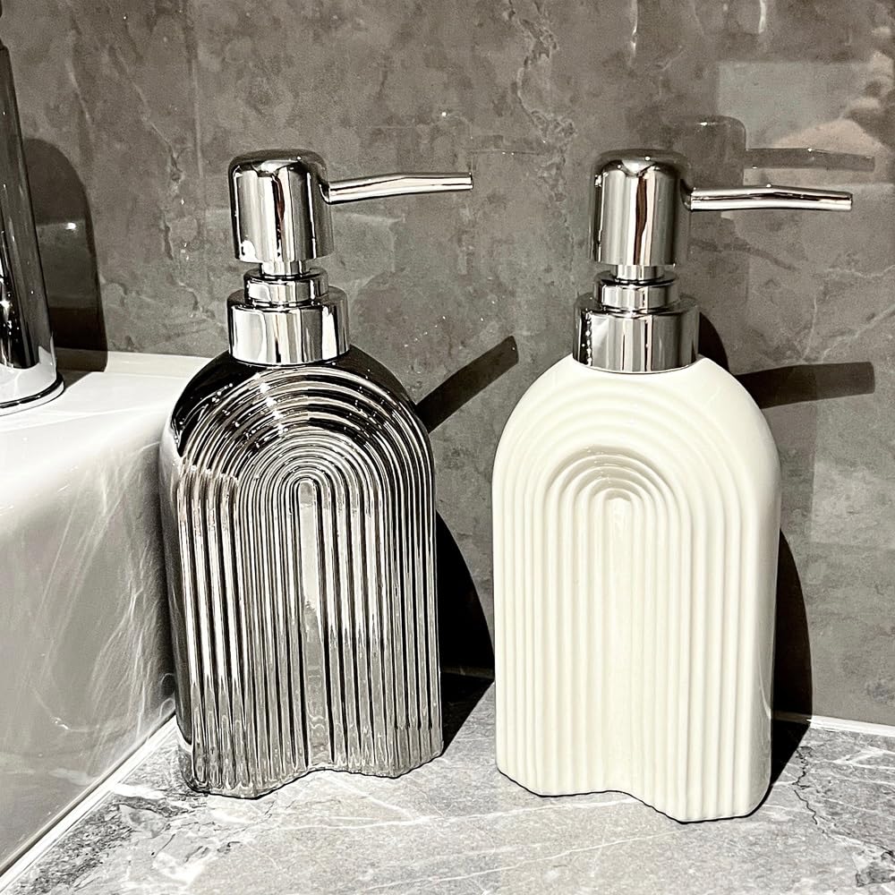 Dispenser di Sapone in Ceramica con Pompa, flacone Dispenser for lozione dal Design Semplice, Dispenser di Sapone Liquido Ricaricabile for Cucina, Bagno, Toilette(Silver)