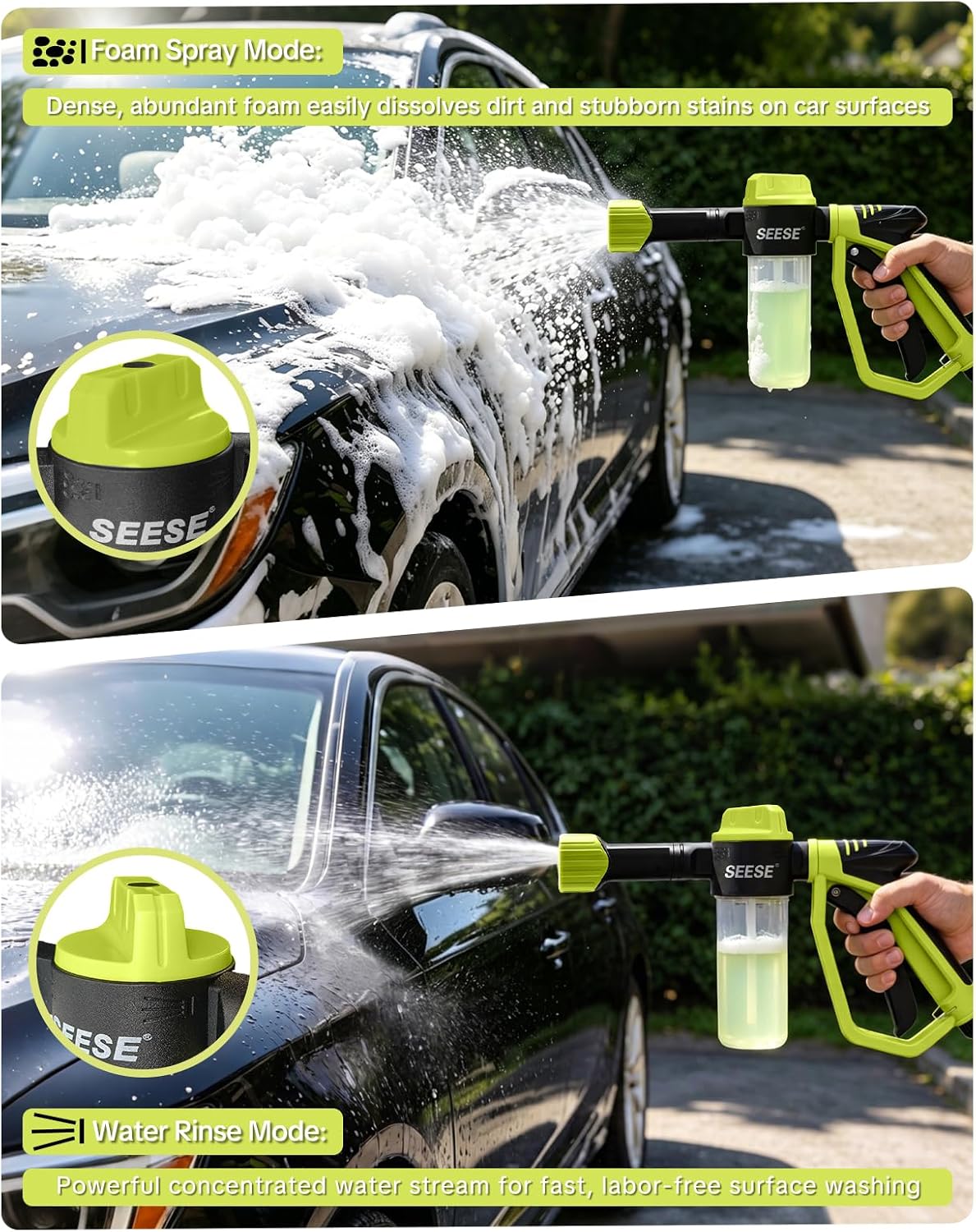 SEESE Car Wash Foam Gun: Foam Cannon for Garden Hose with High Pressure Nozzle & 3 Spray Modes - Suitable for Washing Cars, Trucks, SUVs, Motorcycles, RVs