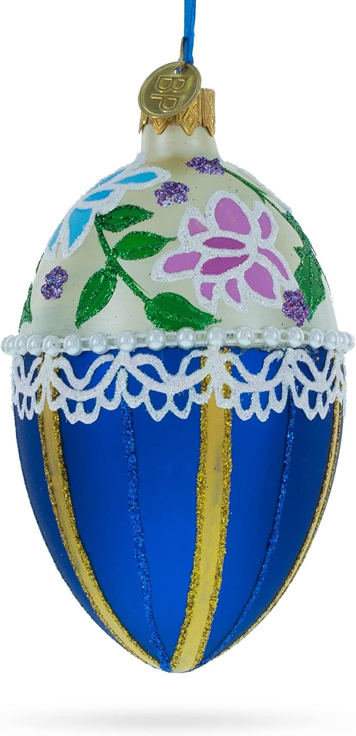 Flowers on Beige and Blue Glass Egg Christmas Ornament 4 Inches