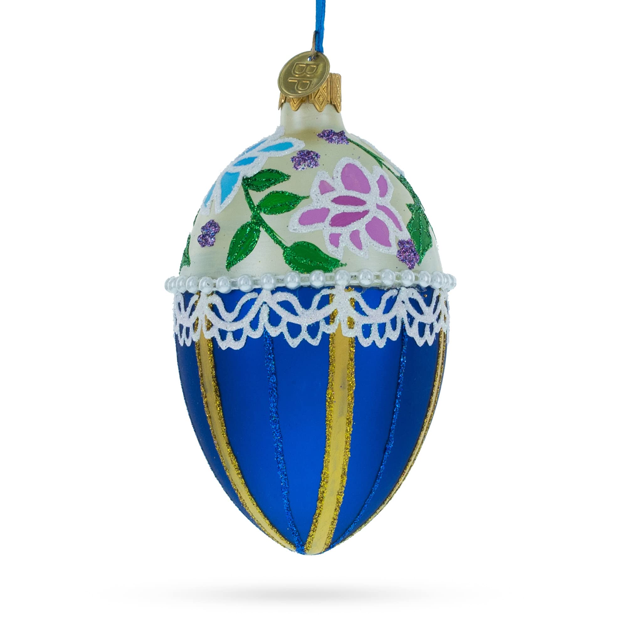 Œuf en verre BestPysanky ornement de Noël fleurs beige et bleu pour sapin 4''