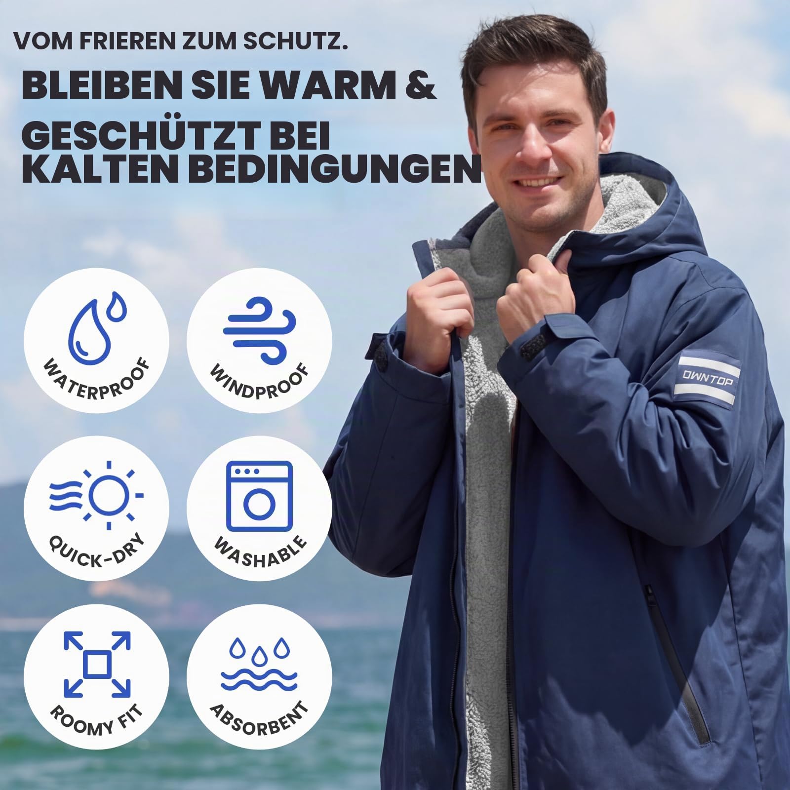Owntop Wasserdichter Wickelmantel für Erwachsene Kinder - Winddichte Kapuzenmantel mit Sherpa-Fleece-Futter | Individueller Klettpatch | Übergroßer Wärmemantel für Schwimmen Surfen Strand