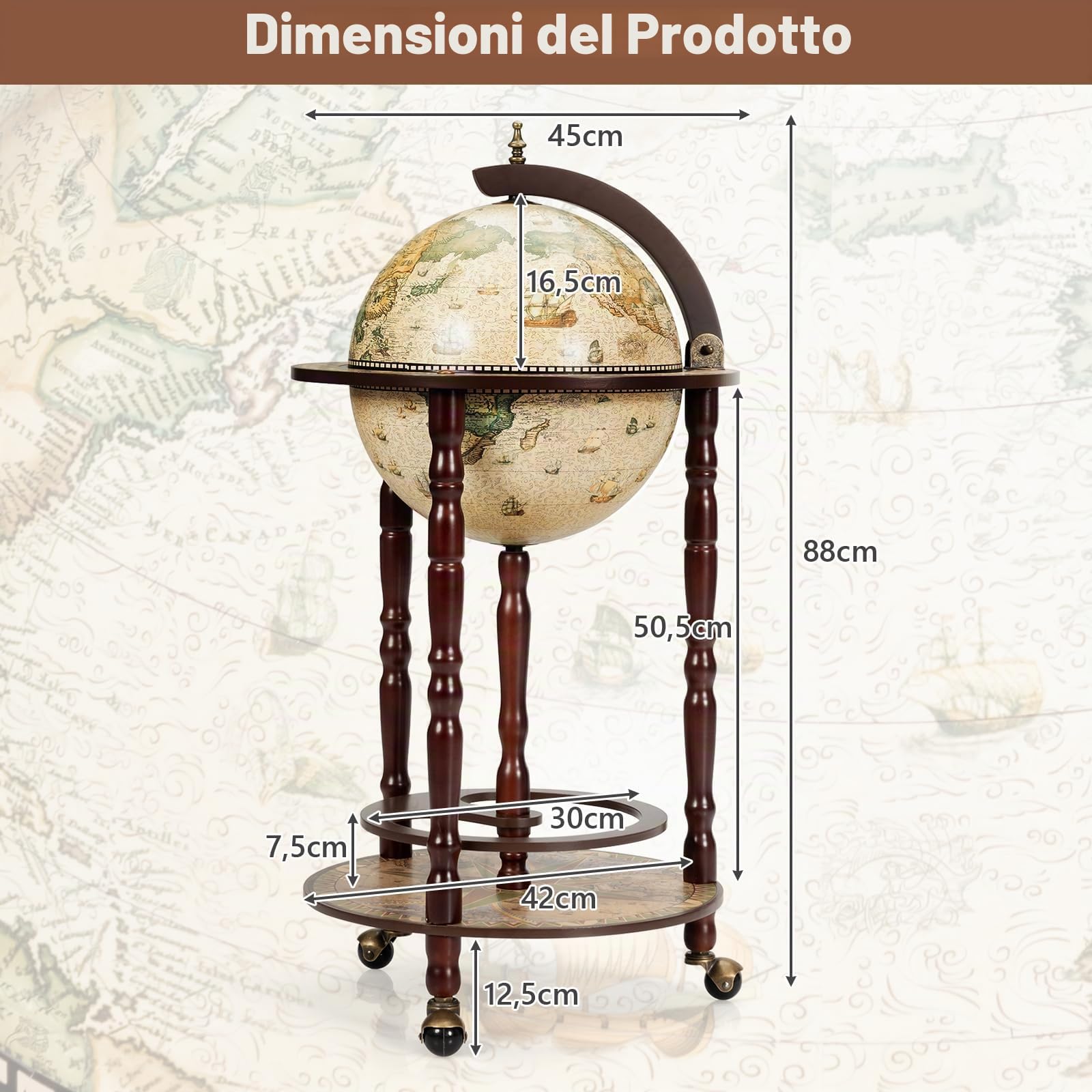 GIANTEX Portavino a Mappamondo con Ruote in Stile Retrò
