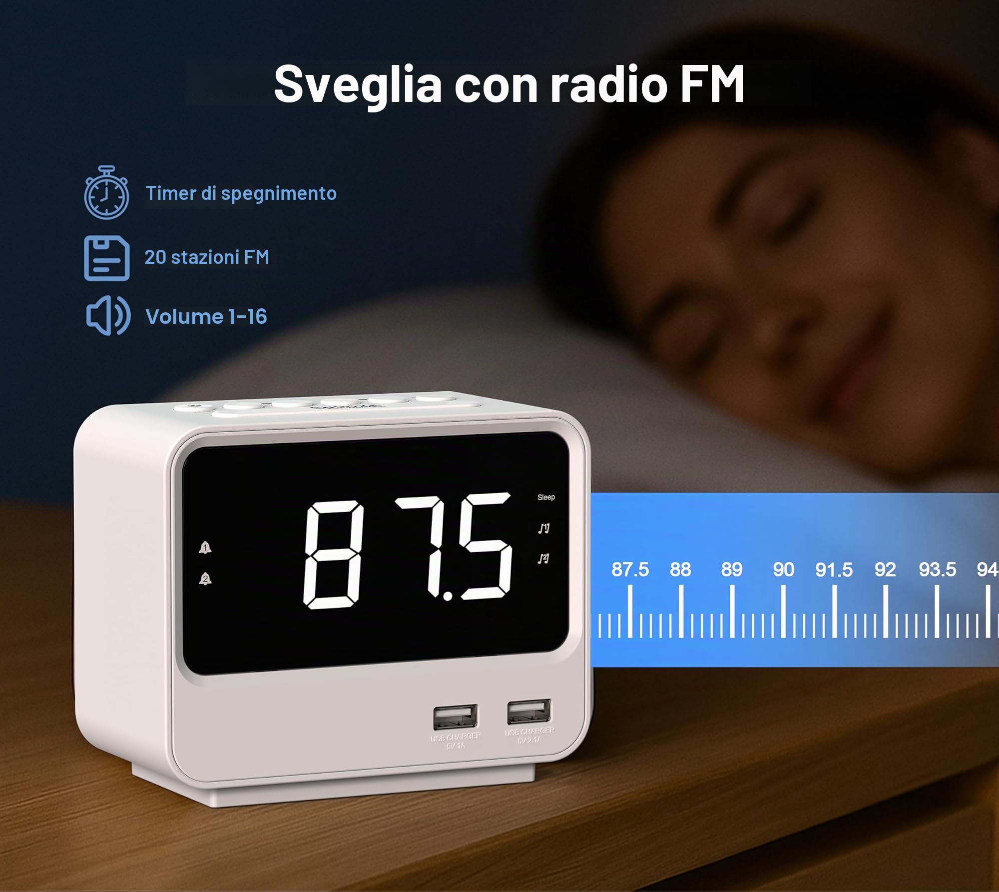 iTOMA Radiosveglia per camera da letto con due porte di ricarica USB, numeri grandi con luminosità regolabile, radio FM digitale per comodino con timer per sonno, orologio digitale LED bianco A23W