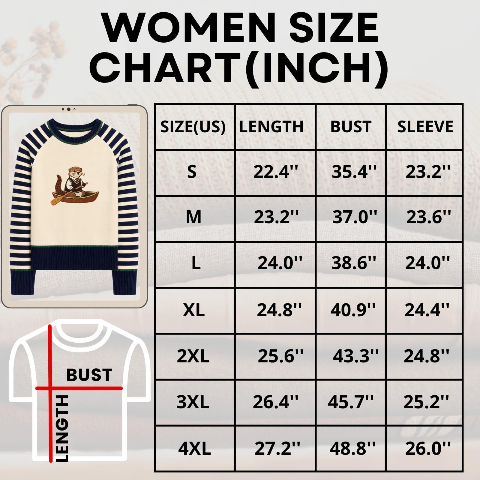 OXKnit Jersey de punto raglán para mujer con diseño de nutria bordado en bote de remos, a rayas, cuello redondo, manga larga, suéter informal