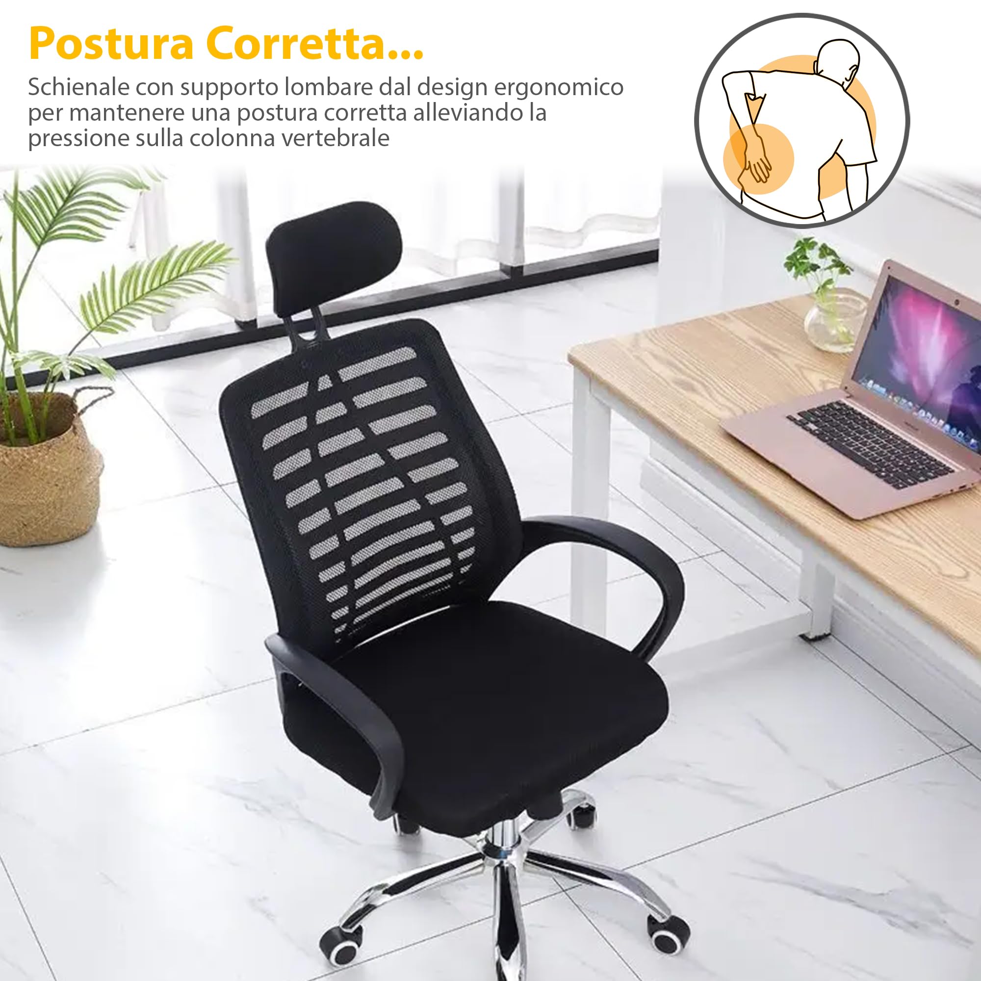 IlGruppone Sedia Direzionale Da Ufficio Schienale In Rete Regolabile In Altezza,Girevole Inclinazione Ad Ondeggiamento Pistone Gas Traspirante,Supporto Lombare Poggiatesta Elegante Ergonomica,