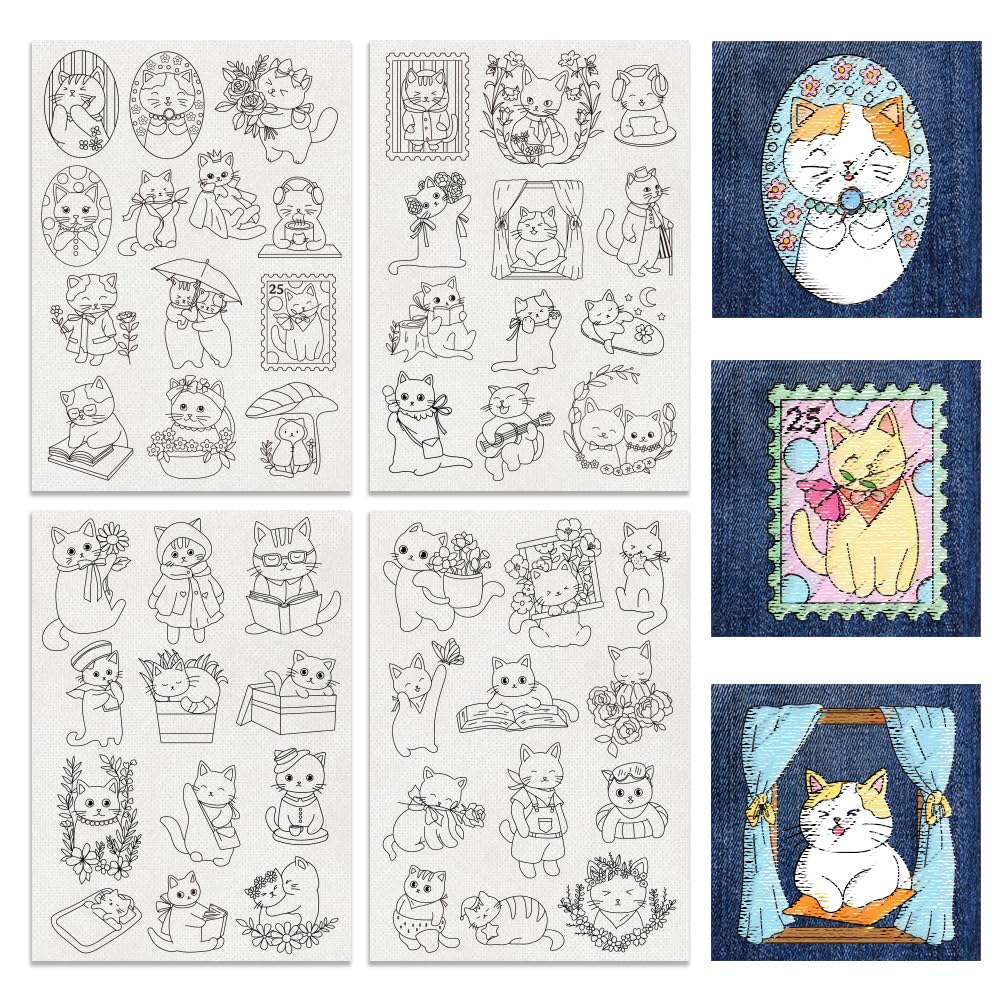 BENECREAT 4 Sheets 49pcs Cat and Flower Water Soluble Stabilizer Hand Sewing Stabilizers, Flower with Animal Transfer Washable Stick and Stitch Embroidery Paper for Hand Sewing Beginners