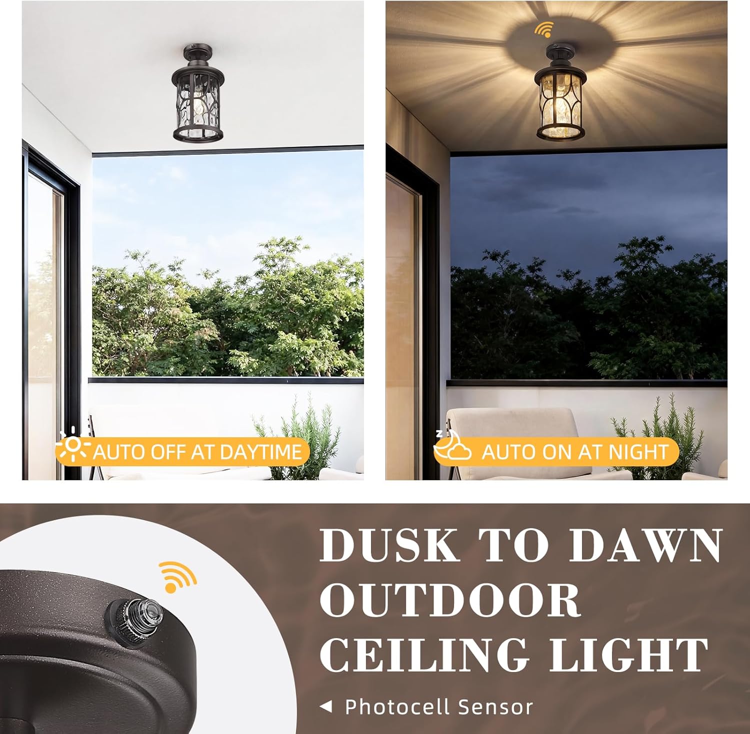 zeyu Outdoor Flush Mount Ceiling Light, 14.6 Inch Dusk to Dawn Modern Ceiling Light Fixture with Photocell Sensor, Oil Rubbed Bronze Finish, Water Ripple Glass, ZX48MF PC ORB-WG