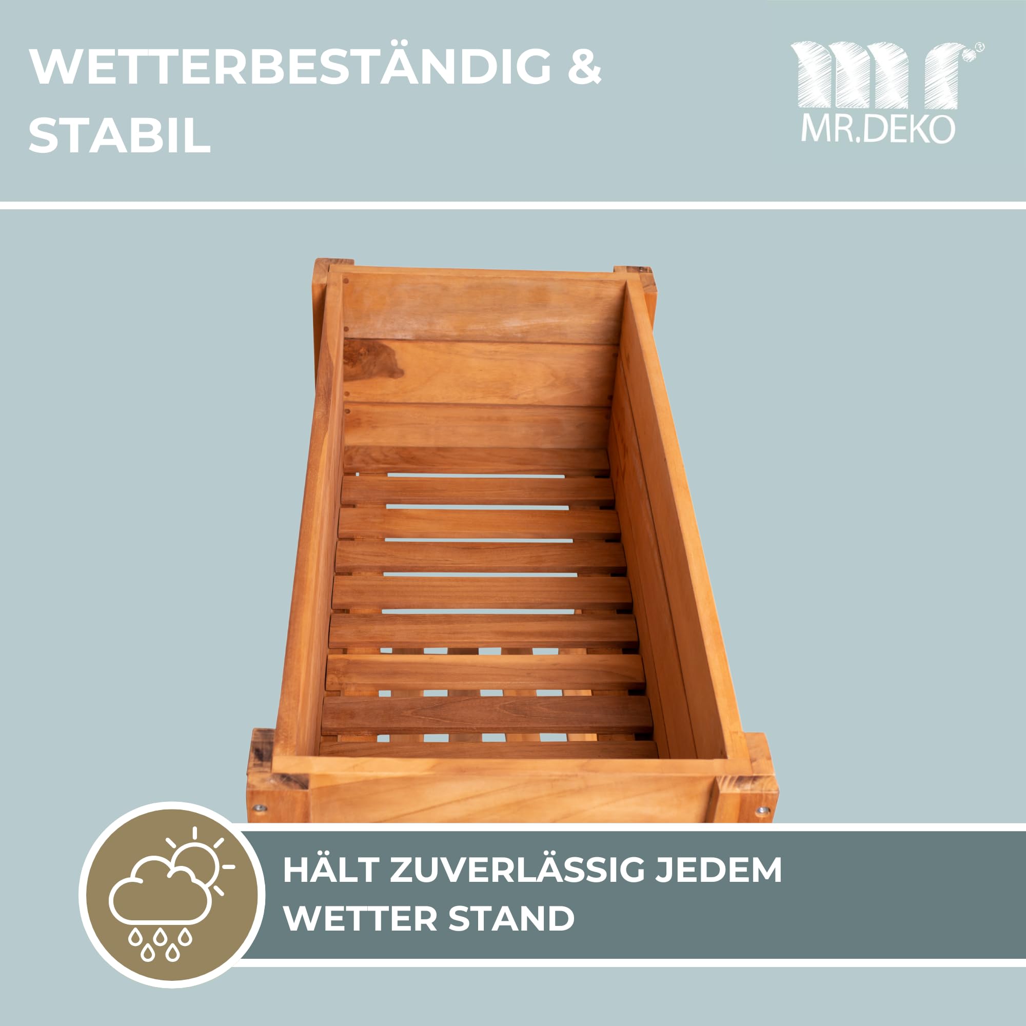 MR. DEKO® Hochbeet Kräuter aus Teakholz | modernes Gartenbeet XL Blumenkasten 86x40x80 cm (BxTxH) | großes Kräuterbeet | Pflanzenbeet für den Balkon-Garten | Naturholz mit Folie | Sichtschutz