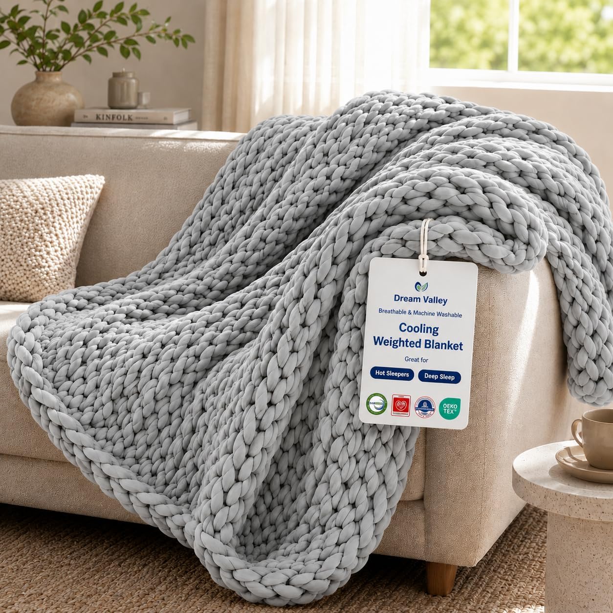 Dream Valley Cooling Weighted Blanket for Adults, 12 lb Chunky Knit Weighted Blanket for Hot Sleepers, Breathable Hand-Knit Bead-Free Throw Blanket, Machine Washable, 40"x60",MidnightBlue