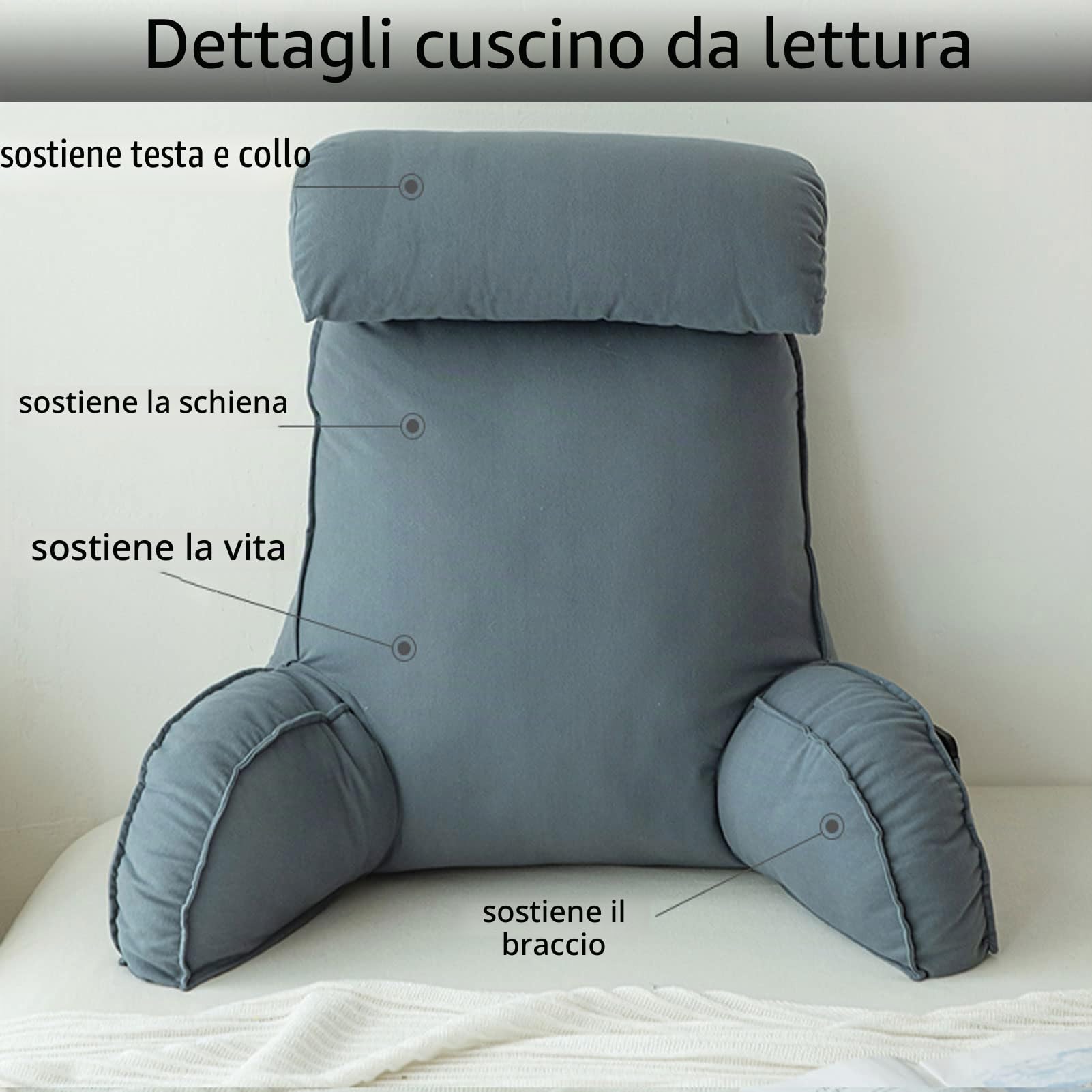 KKAIRA Cuscino da Lettura con braccioli,Cuscino per Letto,Cuscino Schienale Divano,con Cuscino per Il Collo a Rullo Staccabile,per Leggere/Rilassarsi/Guardare La TV 75 * 40 * 58CM(with headrest)