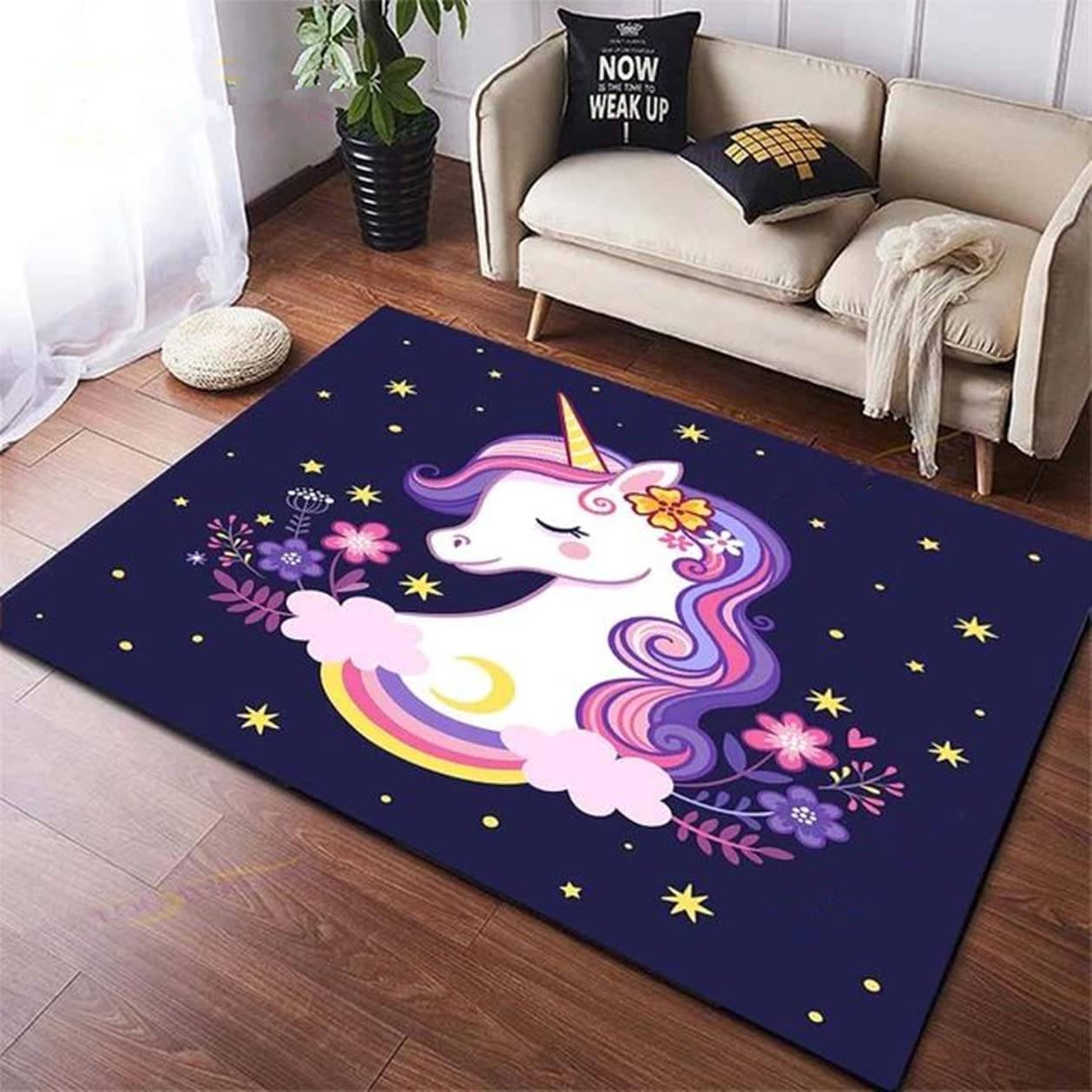 LOMDEM Alfombras Infantiles Motivo de Flores de Unicornio Arco Iris Alfombra para Habitación de Niña Pelo Corto Alfombra de Juegos para Bebés Alfombra Grande de Salón Negro Rosa (Color 2,140x180 cm)
