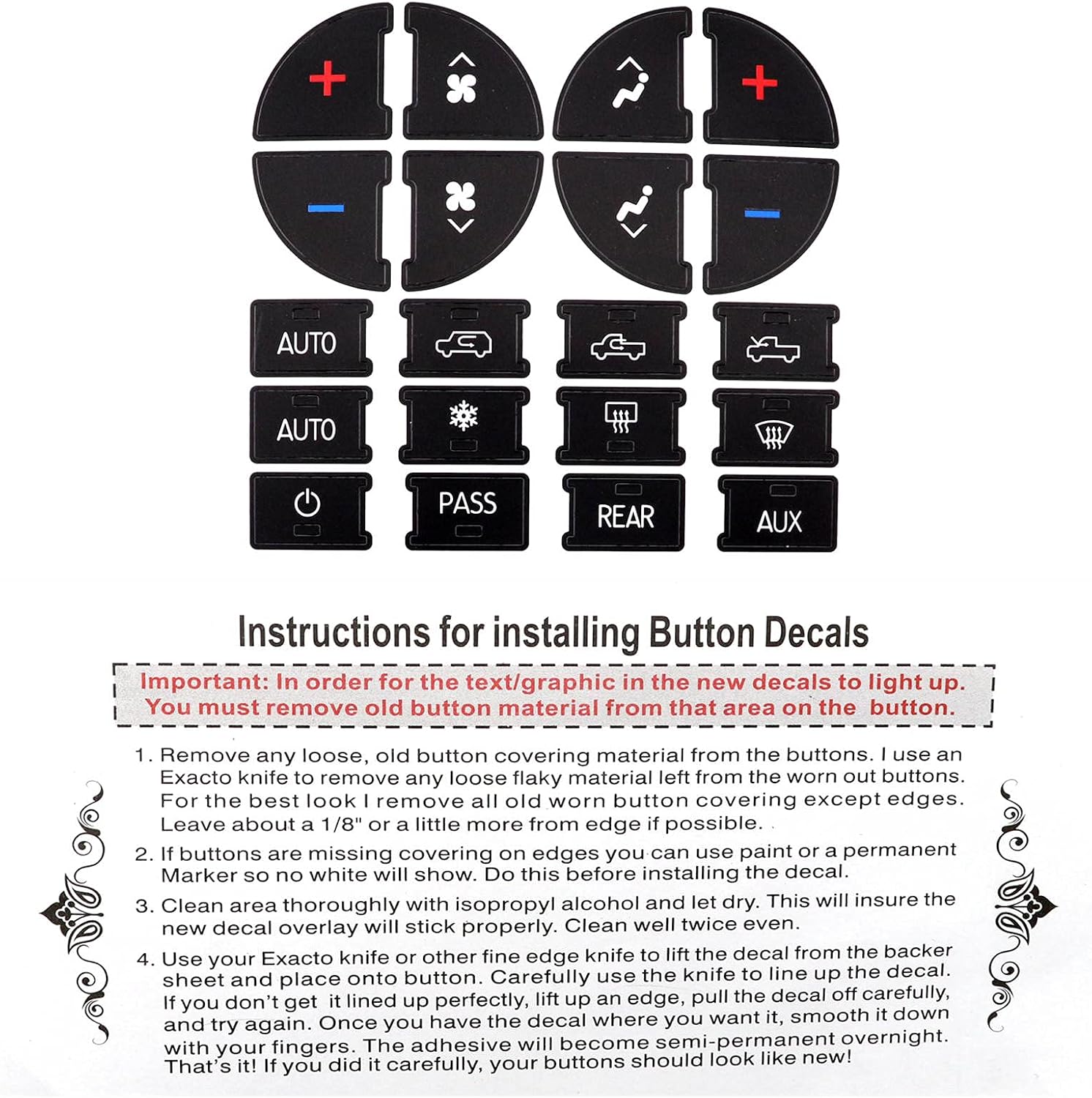 SecosAutoparts AC Panel Decals & Radio Button Repair Decal Set, Fix Ruined Faded AC Controls AC Dash Button Sticker Repair Kit Compatible with GM Vehicles Compatible with Chevy Silverado