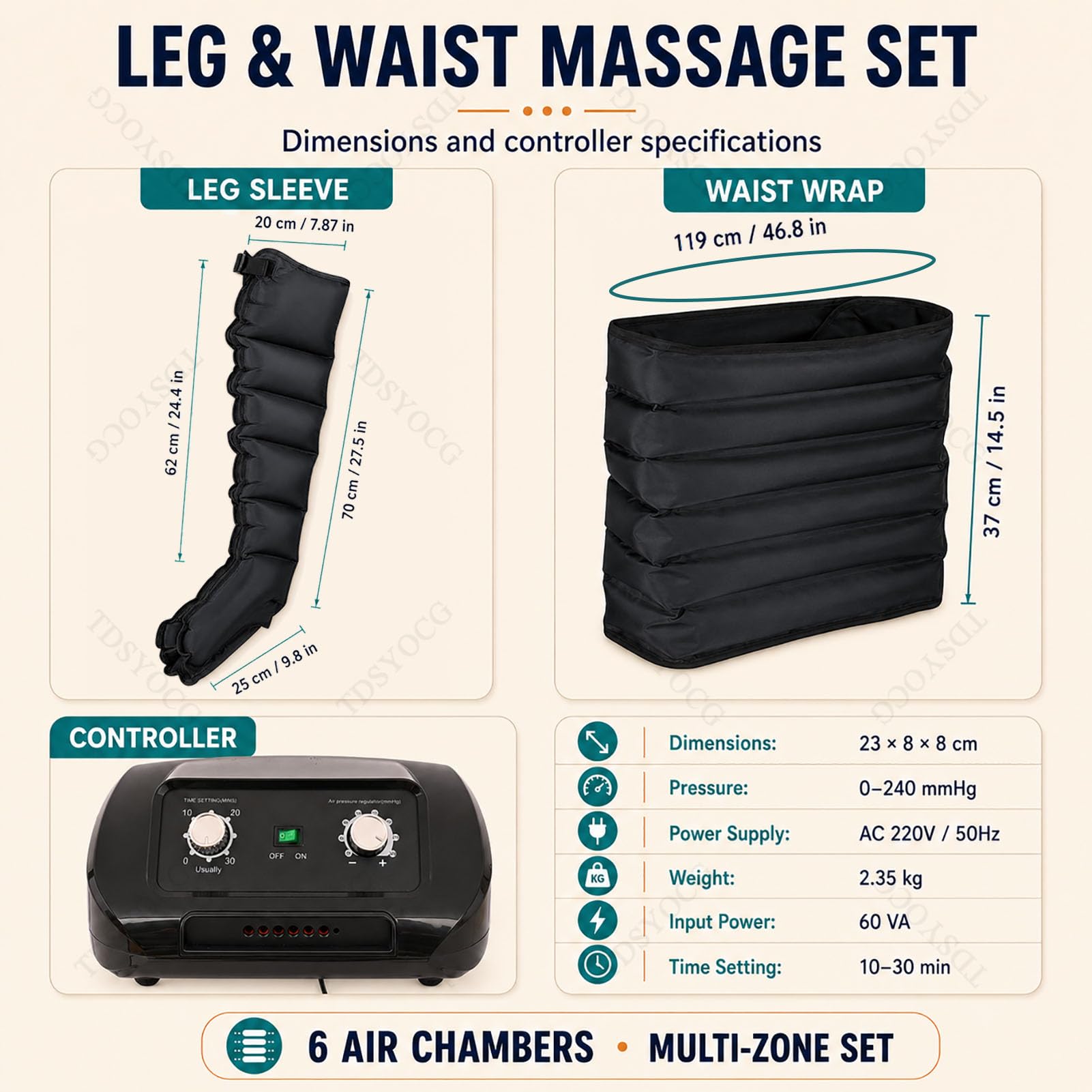 Botas Presoterapia Profesional Para Casa, Masajeador Presoterapia Piernas | 6 Cavidades Masajeador Maquina de Presoterapia para Piernas y Abdomen Brazos, Temporizador 30 Min, 0-240 Mmhg