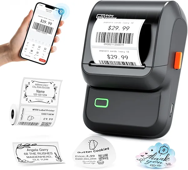 Ponek Label Maker, M100 Address Label Maker, Barcode Label Printer with 2000 Icons and 300 Templates, Bluetooth Thermal Label Printer for Small Business, Home, Logo, Office, School, Black