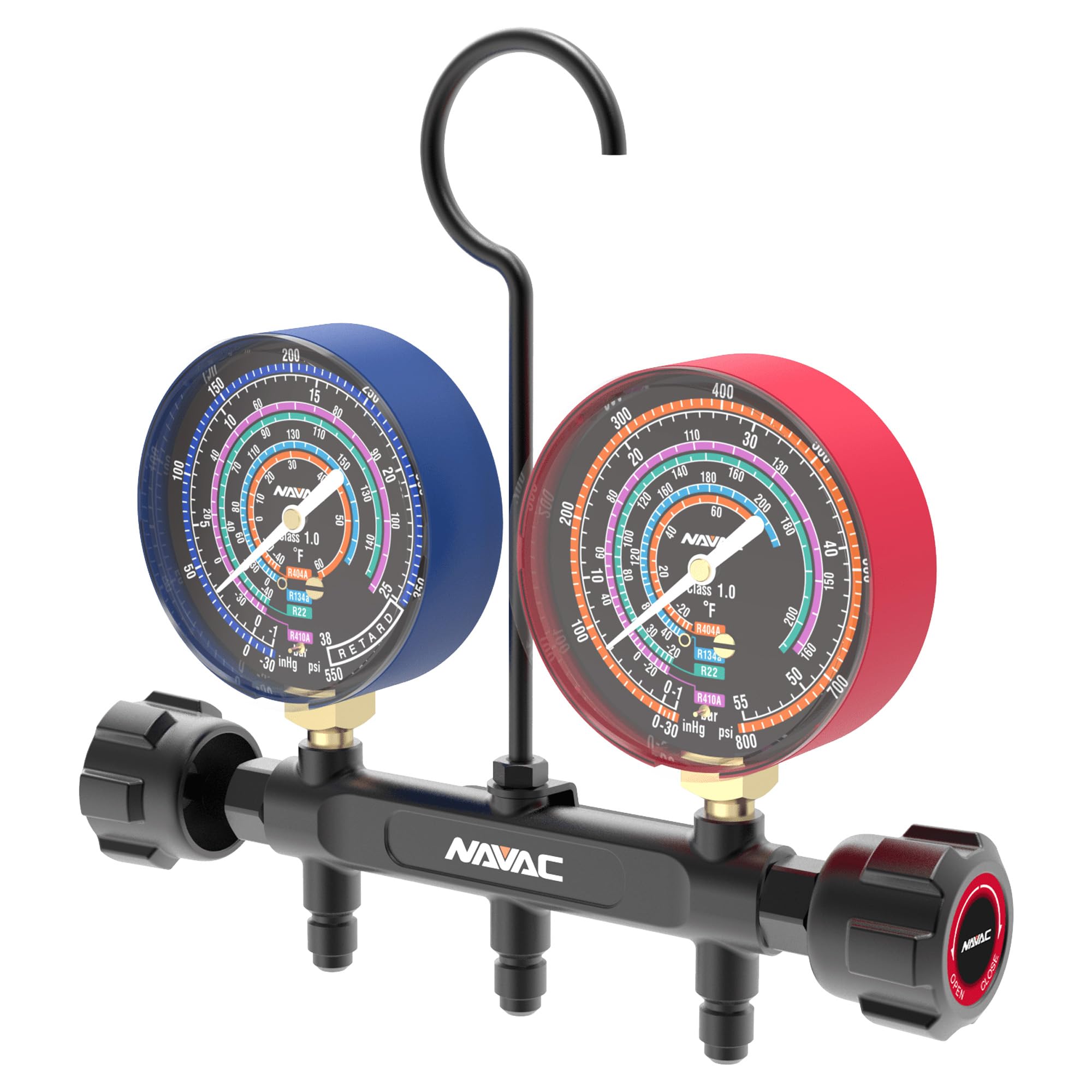 NAVAC NMG12A Pro Manifold Gauge - Brass Body with Needle Valve, Precision Dial, A2L Compatible, HVAC Manifold Gauge with Glow-in-The-Dark Elements, Hose Holders & Hanging Hook, Pro Series