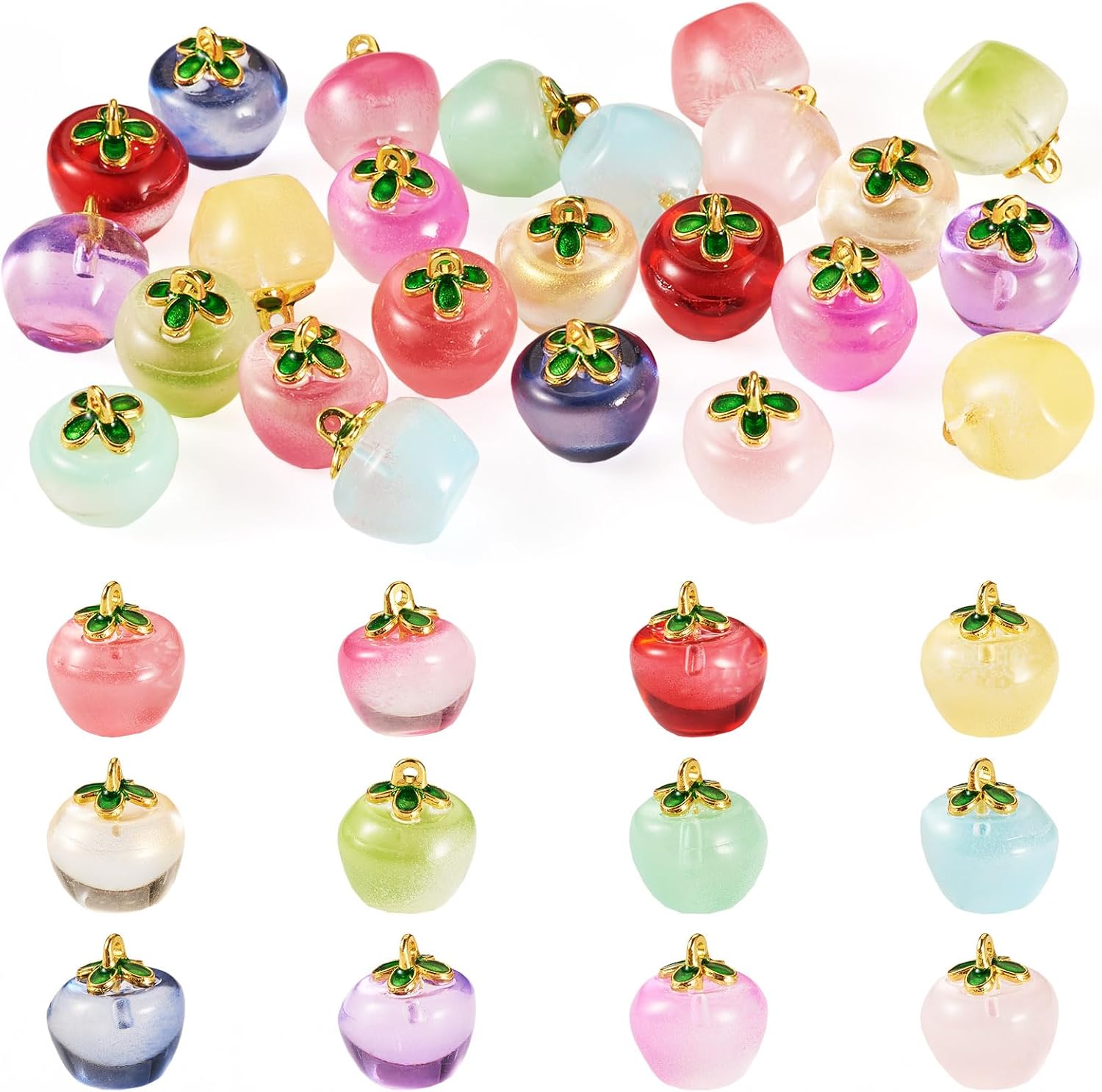 Glass Fruit Charms Colorful Crystal Fruit with Enamel Leaf Charms Handmade 3D Fruits Dangle Pendants Cute Fruits Hang Ornament for DIY Crafts Earring Necklace Keychain Jewelry Making