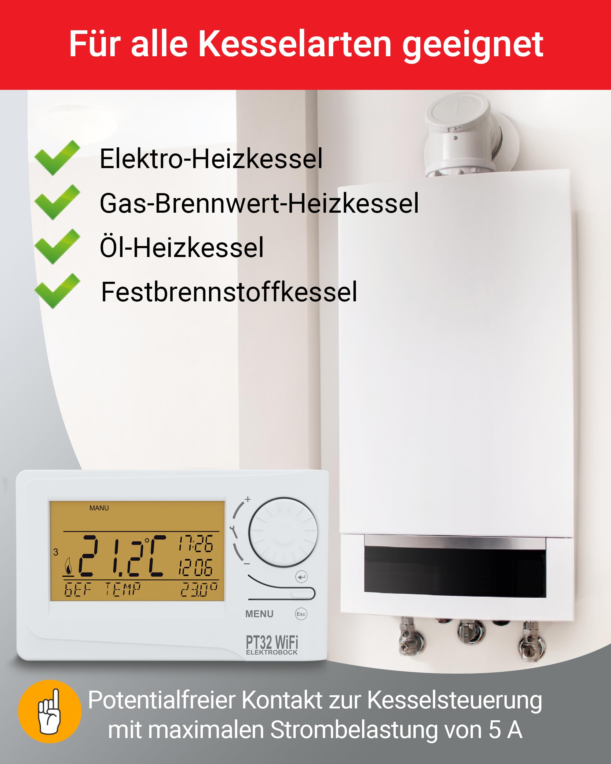ELEKTROBOCK PT32 WiFi - Digitaler Raumthermostat mit Geolokalisierung - 𝑳𝓐𝑵𝐆𝑳𝜠𝓑𝑰𝐆 - Intelligentes programmierbares Wandthermostat mit App oder manuell - 9 Wochenprogramme, Weiß