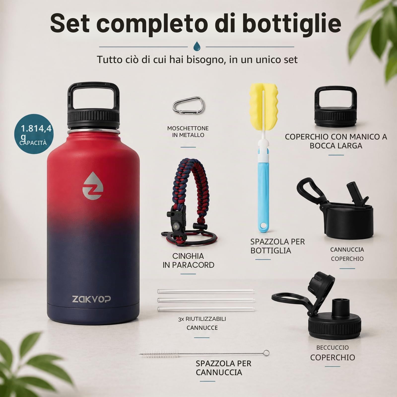 Borraccia Termica 2 Litri con Cannucce e 3 Coperchi, Borraccia Acciaio Inox con Manico in Paracord, Bottiglia Termica con Spazzole per Palestra, Escursionismo, Campeggio (Rosso+Viola)