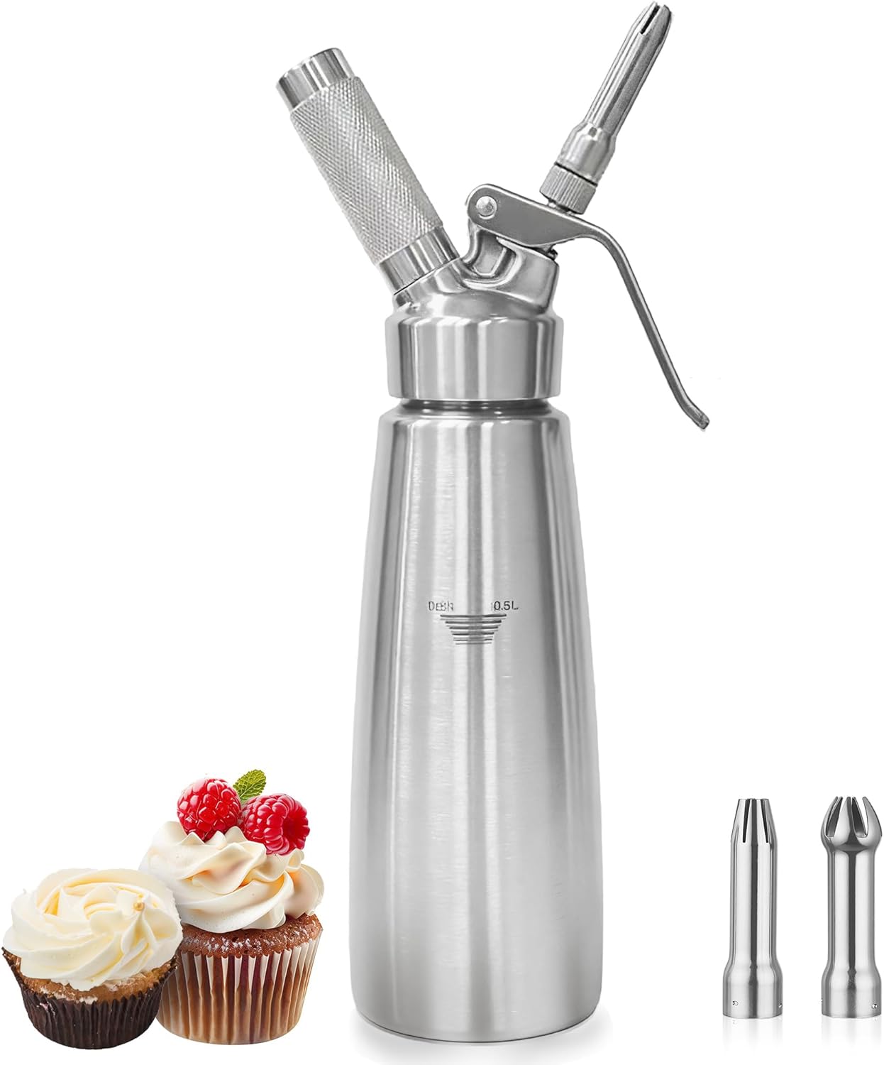 Whipped Cream Dispenser, Stainless Steel Whipped Cream Maker with 3 Decorating Nozzles 1 Brush, 500ML/1 Pint for Desserts (N2O Chargers Not Included)