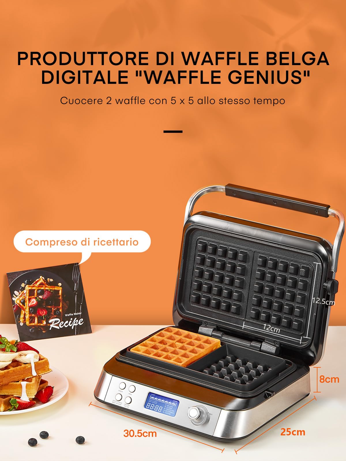 Piastra per Waffle Belga 1600 W, Smart Doppia Waffle pro con Display LED, 5 Programmi Diversi, 7 Temperatura Regolabile, Macchina per Waffle Elettrica Antiaderente (D'argento)