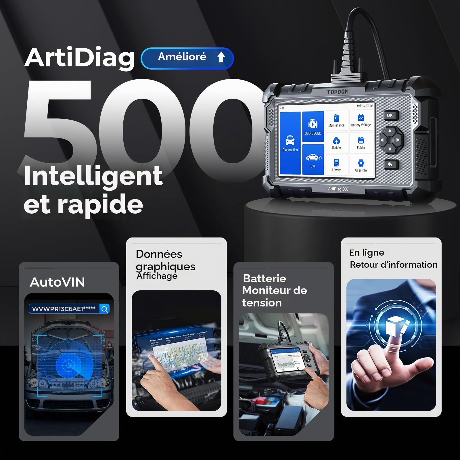 TOPDON AD500 Valise Diagnostic Auto, 4 systèmes Outil de Diagnostic Voiture Multimarque,Moteur Transmission SRS ABS, 6 Réinitialisation de Service, Mise à Jour Gratuite