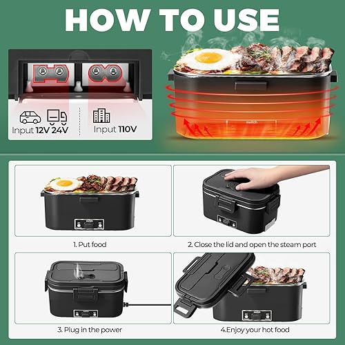 Miniatura 7 de Fiambrera eléctrica para adultos lonchera calentada de 1.8L-80W, calentador de alimentos, interruptor de encendido y apagado 1224V110V, automóvil,