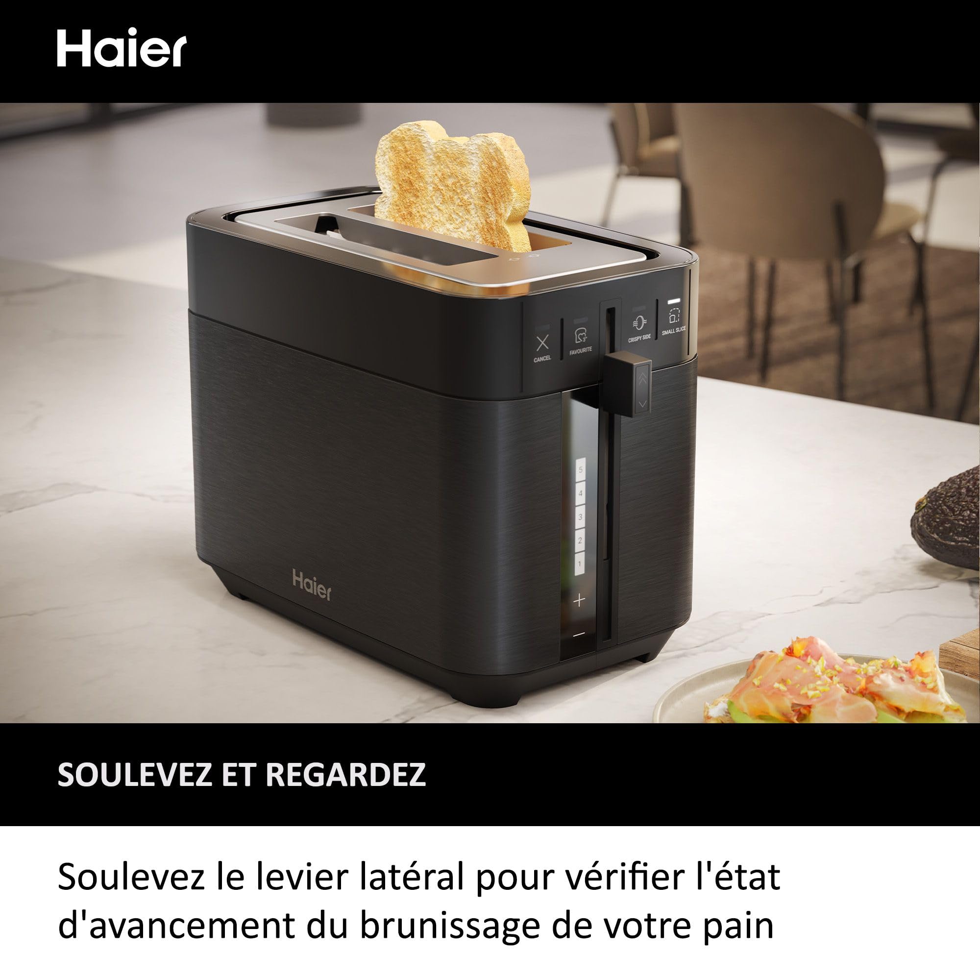 Haier I-Master Série 5 Grille-Pain, Acier Inoxydable, 2 Tranches avec Fentes Extra Profondes, Poignée de Levage pour Eviter les Brûlures, Couvercle Anti-Poussière, 7 Niveaux de Brunissage [Noir]