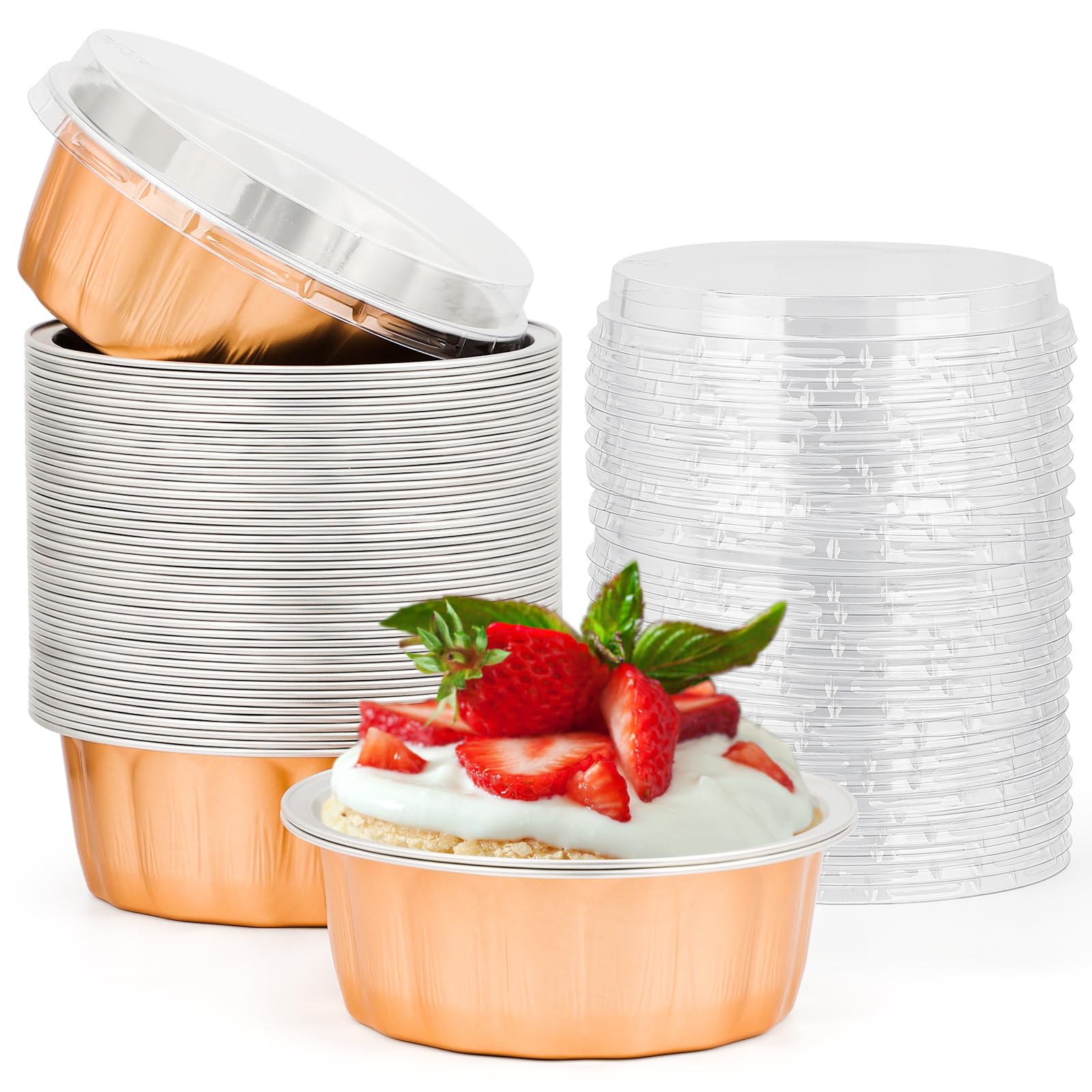 Beasea Disposable Ramekins 8oz, 50 Pack Rose Gold Aluminum Foil Cups with Lids, Disposable Creme Brulee Muffin Cupcake Baking Cup Mini Pudding Cups