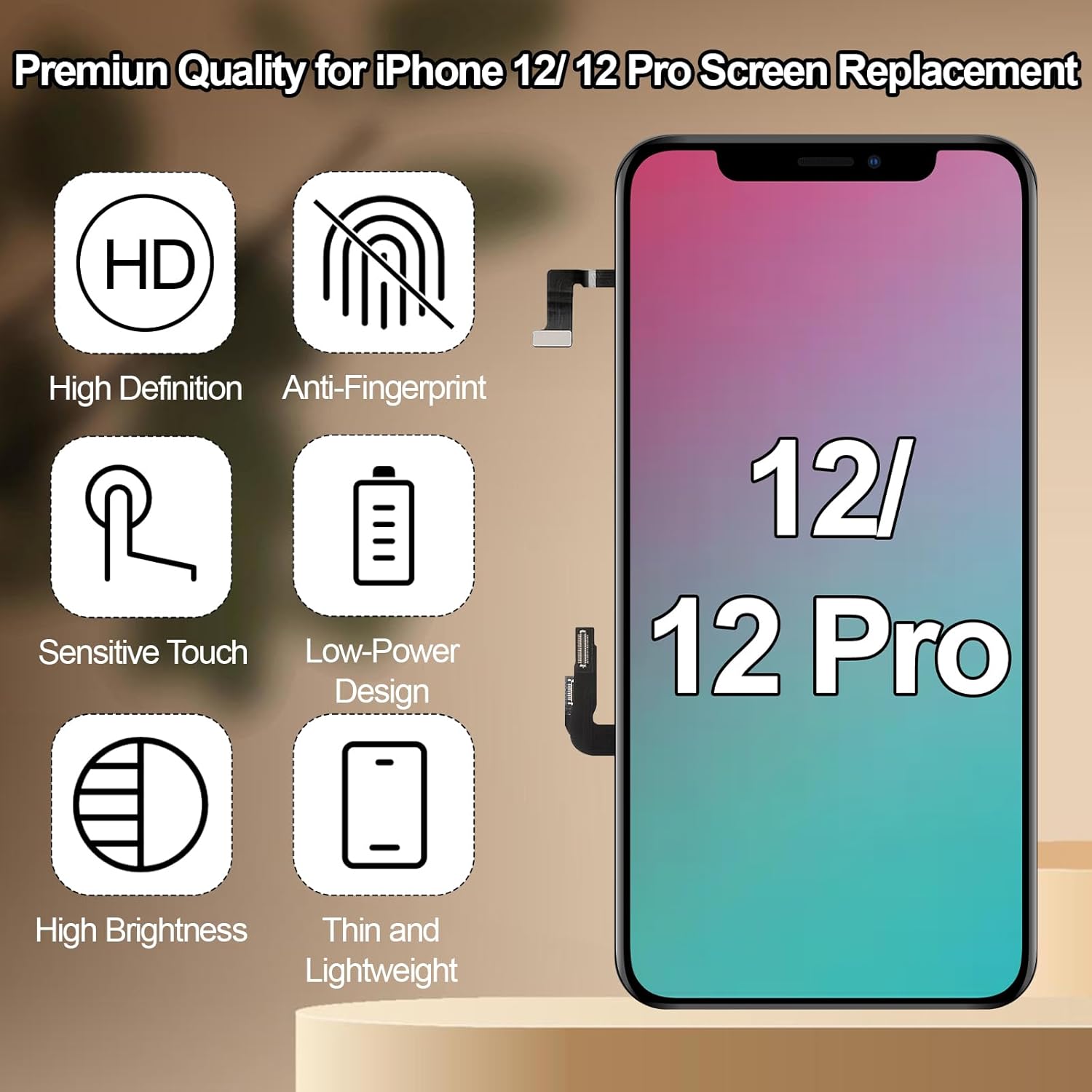 for iPhone 12/12 Pro Screen Replacement with Earpiece Speaker Flex Cable 3D Touch Digitizer LCD Screen Display Full Assembly Proximity Sensor and Repair Tool Kits A2172 A2402 A2403 A2404 6.1 Inch