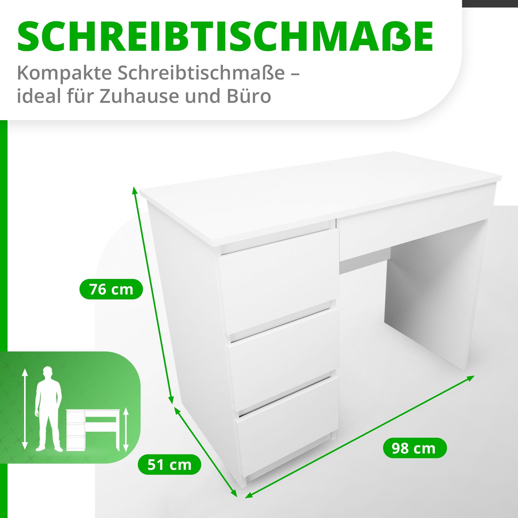 CDF Schreibtisch Kinderschreibtisch mit Schubladen Arbeitstisch Bürotisch Computertisch für Kinder Jugend - PC Tisch für Arbeitsplatz Homeoffice - Schminktisch ohne Spiegel für Schlafzimmer – Weiß