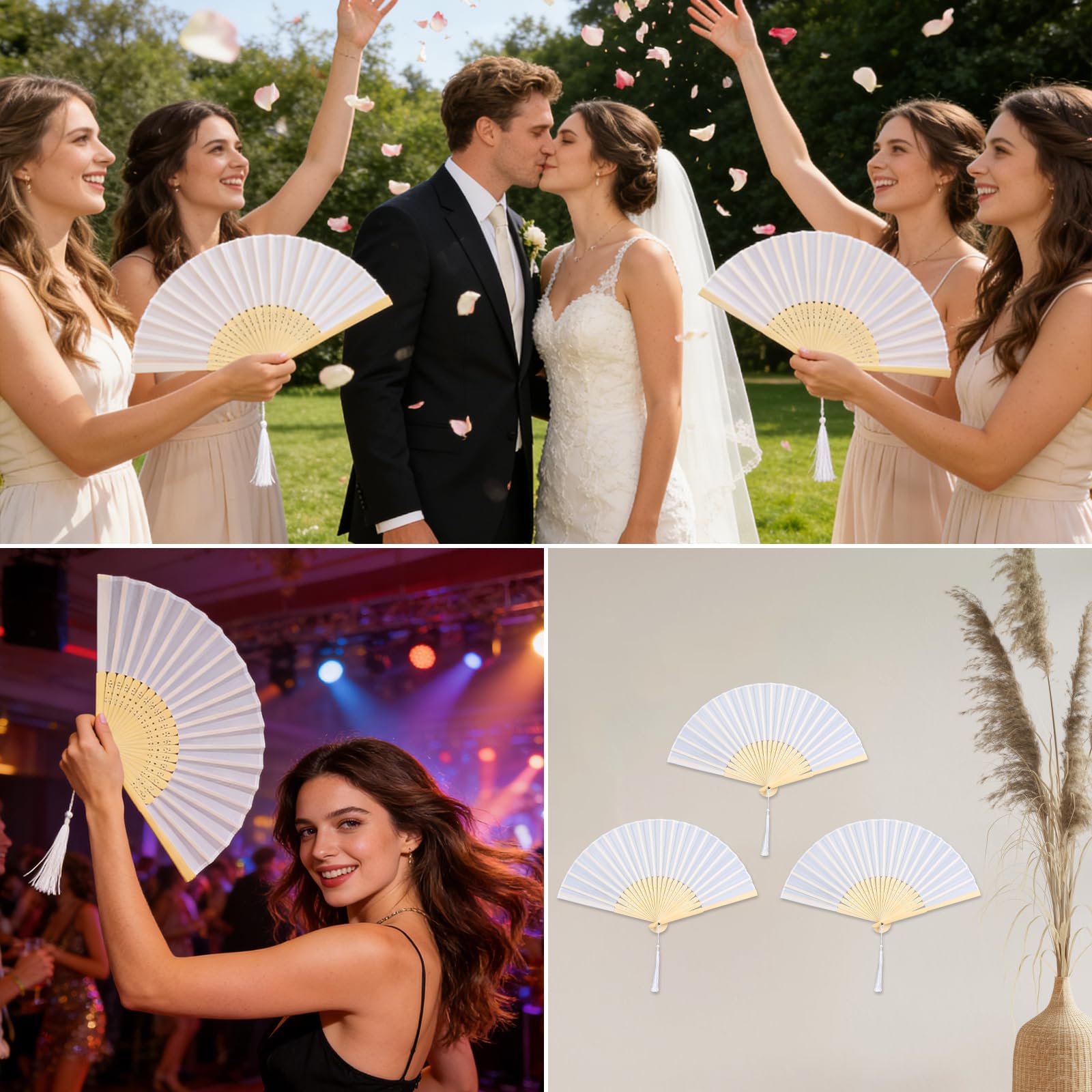 LALAGO 25 Piéces Éventails Pliants avec Frange en Soie, Ventilateurs Pliables, Ventilateur Pliant, Ventilateur Chinois pour Danse, Fête, Cadeau de Mariage, DIY, Décoration à la Maison (Blanc)