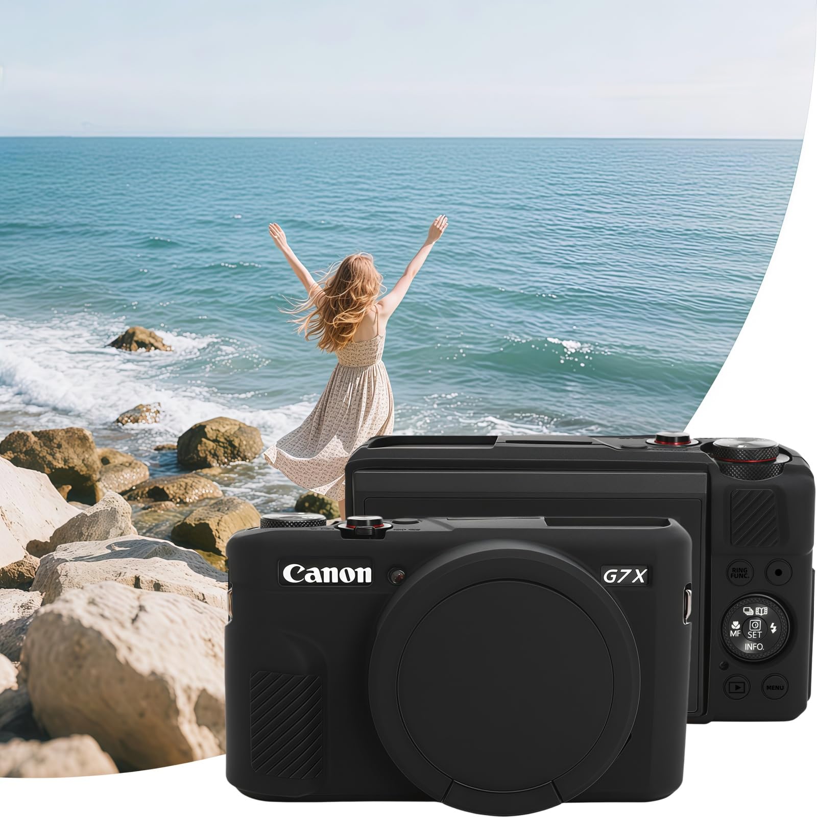 Etui do aparatu Canon G7 X Mark II, miękkie silikonowe etui ochronne z ulepszoną konstrukcją otwieraną w dół, obiektyw w pełni przezroczysty, zawiera 2 ochraniacze ekranu i 1 pasek na nadgarstek