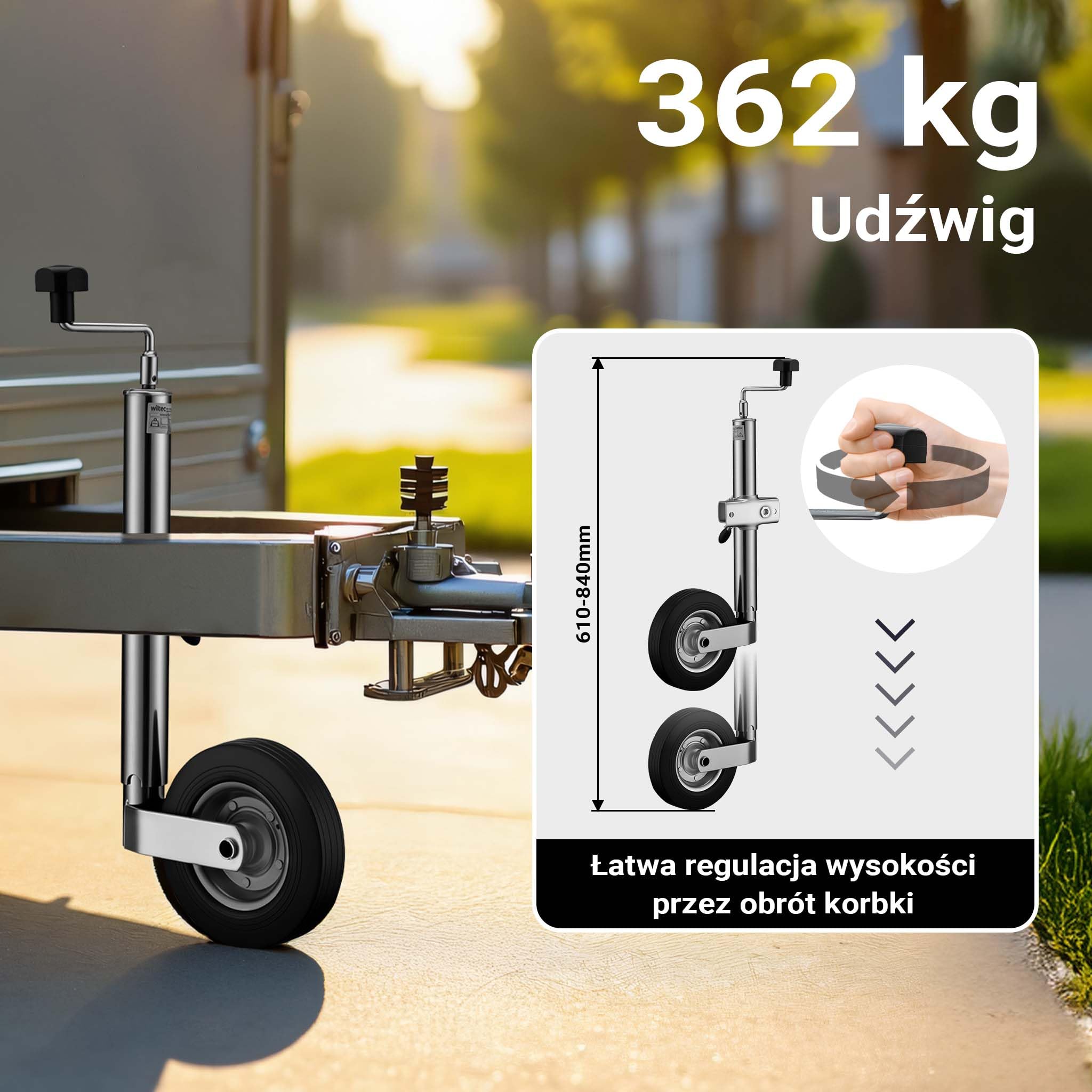 Zestaw przyczepny 10-elem. zawierający koło podporowe podpory rurowe i kliny z uchwytami do 362kg