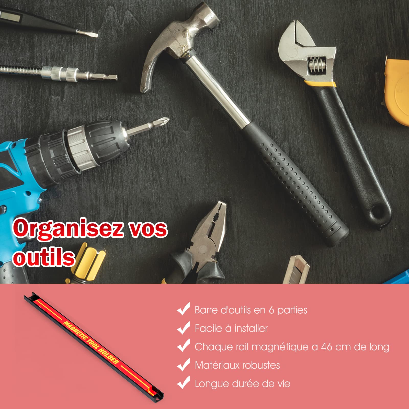 GYMAX Lot de 6 Barres Magnétiques 46 CM Capacité de Charge de 10 KG pour Outils, Porte-Outils Mural en Ferrite, Baguette Aimantée pour Outils, Convient pour Cuisine, Garage, Atelier