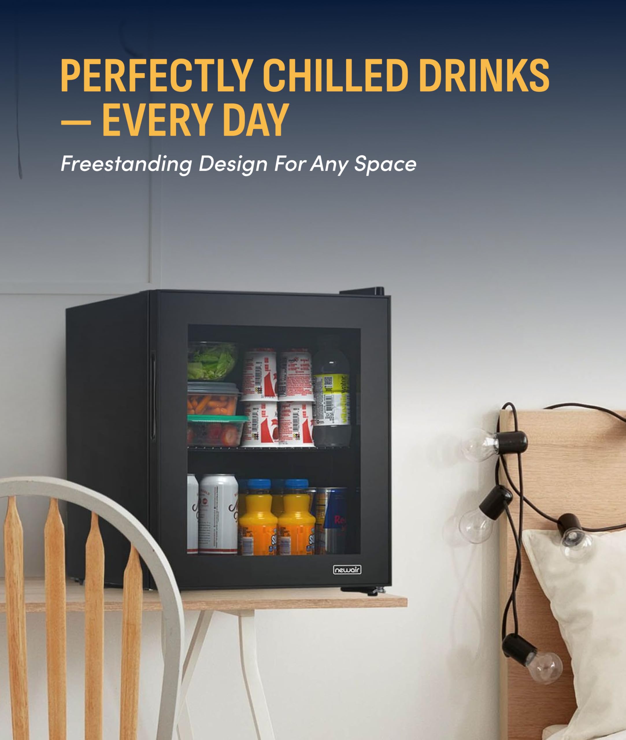 NewAir 60 Can Beverage Refrigerator | Compact Freestanding Mini Fridge For Bedroom, Dorm, Office Or Gaming Room | Glass Door, Adjustable Shelf & Quiet Cooling | Black on Fridge.com - View 2
