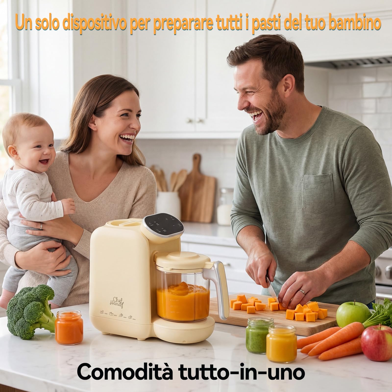 Chefhandy Cuocipappa per Neonati Multifunzione 5-in-1,Omogeneizzatore per Neonati con funzione vapore,frullatura,scaldalatte e allarme acqua insufficiente Per tutte le fasi del bambino (Giallo)