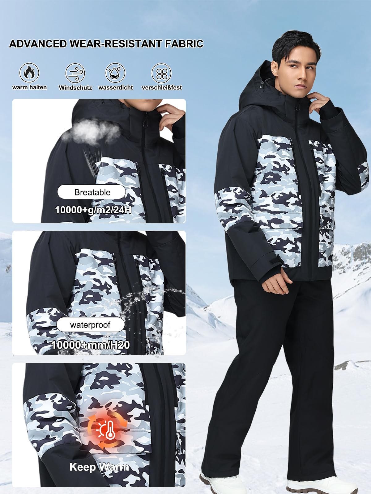 HOTIAN Conjunto de chaqueta y pantalones de esquí para hombre, transpirable, traje de esquí impermeable, resistente al viento, traje de nieve con capucha desmontable