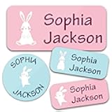 Bunny Badges Personalized Daycare Name Labels for Kids (130 Labels) - Custom Waterproof Name Stickers for Clothing Tags, Water Bottles, Lunch Boxes and School Supplies (Bunny)