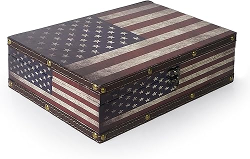 Caja de almacenamiento de madera de la bandera estadounidense, caja del tesoro vintage con pestillo, cajas decorativas de recuerdo para regalos y