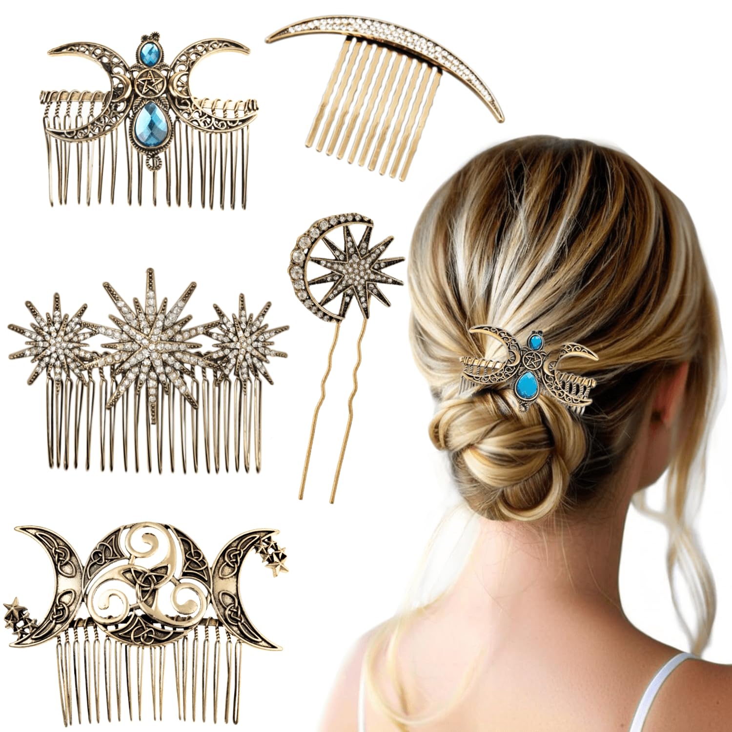 5 pieces Vintage Hair Side Combs for Women Decorative,The moon, the crescent, the stars Metal Hair Comb Tooth Clip with Teeth Grip Crystal Bridal Hair Piece Pins for Wedding Accessories