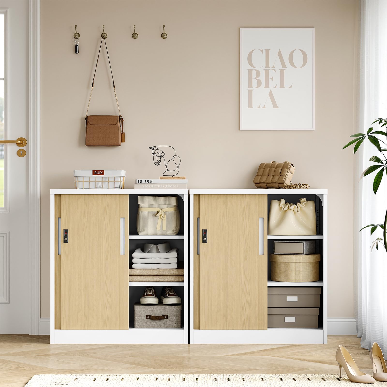 Sightlife Aktenschrank Schiebetürenschrank Büroschrank mit 2 Fächern Büromöbel Ordnerschrank Metallschrank Stahlschrank abschließbar Sideboard Büro Kommode Ordnerschrank Büromöbel 90x40x80cm