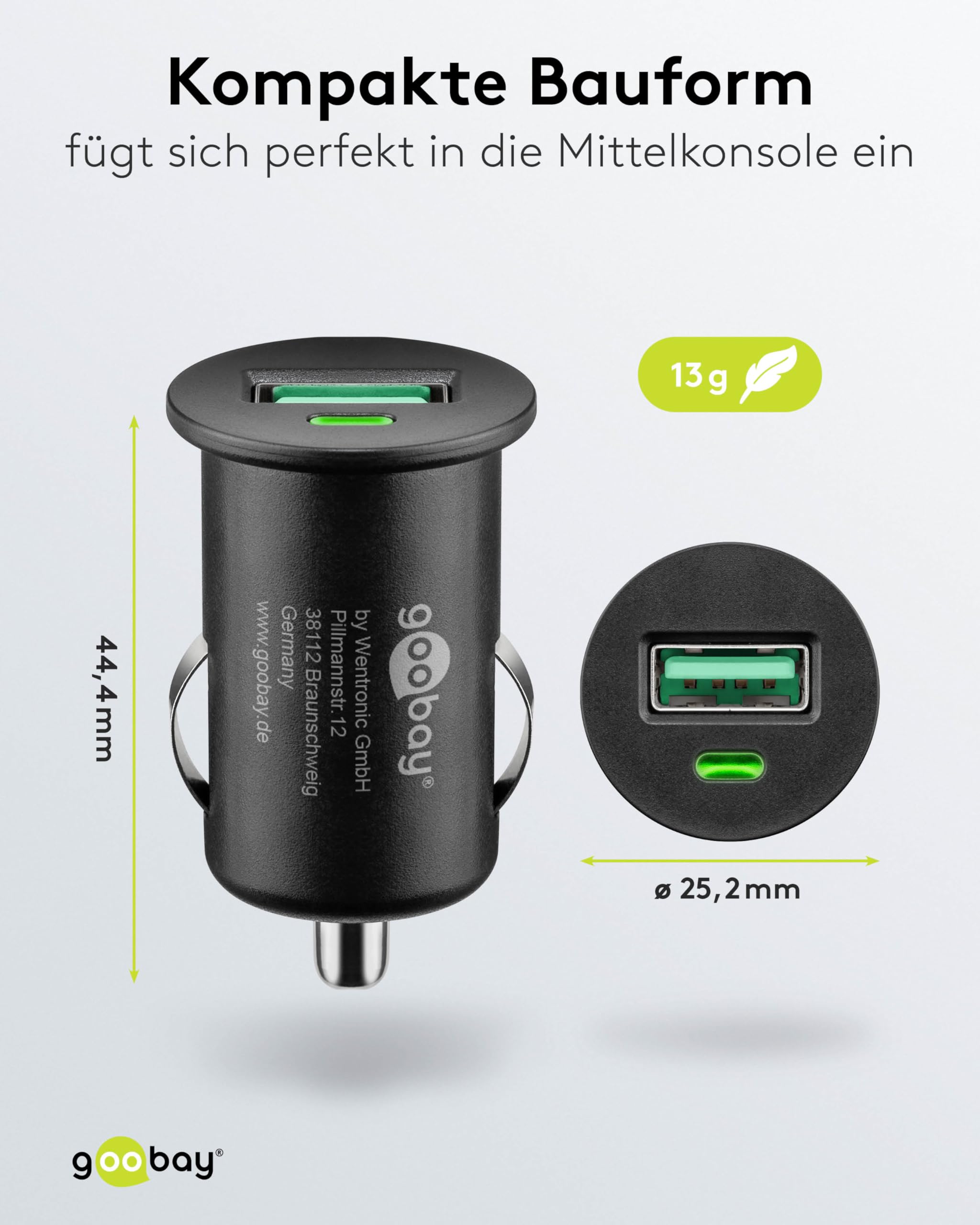 Goobay 45162 Quick Charge Ładowarka Samochodowa - USB do Gniazda Zapalniczki, Adapter 12 V/24 V, Mini Adapter USB Ładowarka Samochodowa Wtyczka do Szybkiego Ładowania 18 W